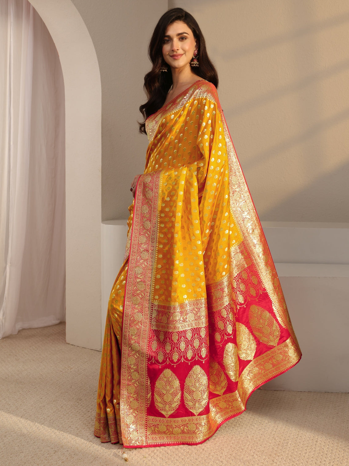Mameraa Art Mustard Banarasi Satin Saree With Unstitched Blouse Piece