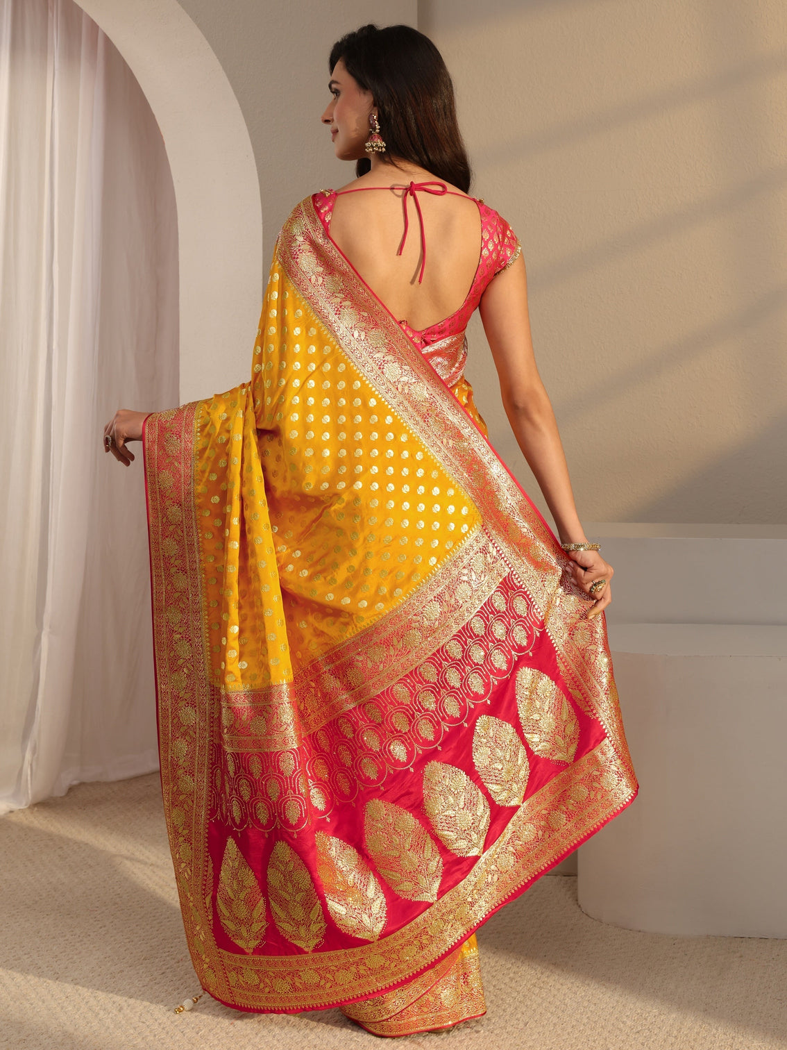 Mameraa Art Mustard Banarasi Satin Saree With Unstitched Blouse Piece