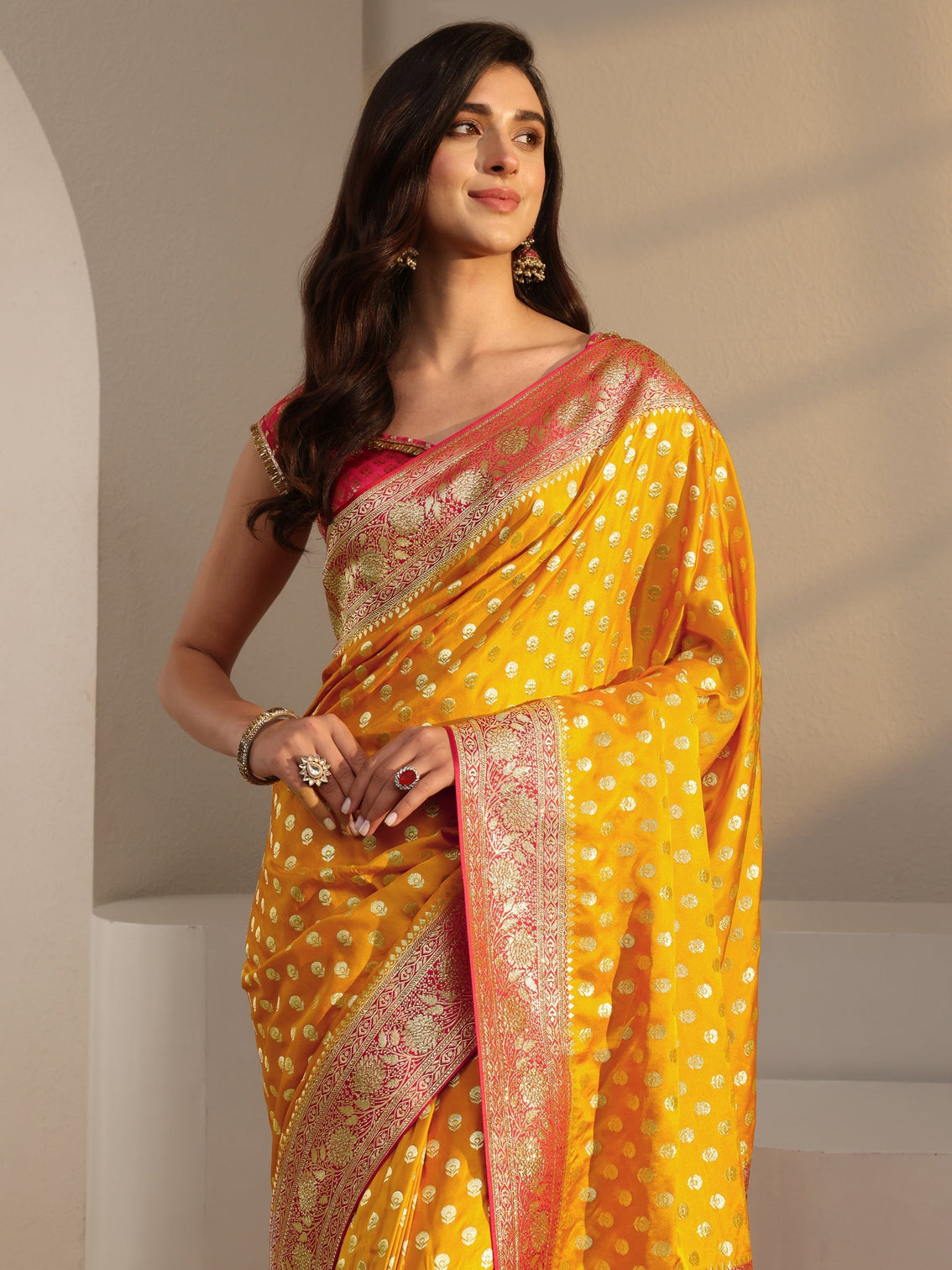 Mameraa Art Mustard Banarasi Satin Saree With Unstitched Blouse Piece