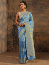Libas Blue Floral Woven Design Silk Blend Saree With Unstitched Blouse Piece