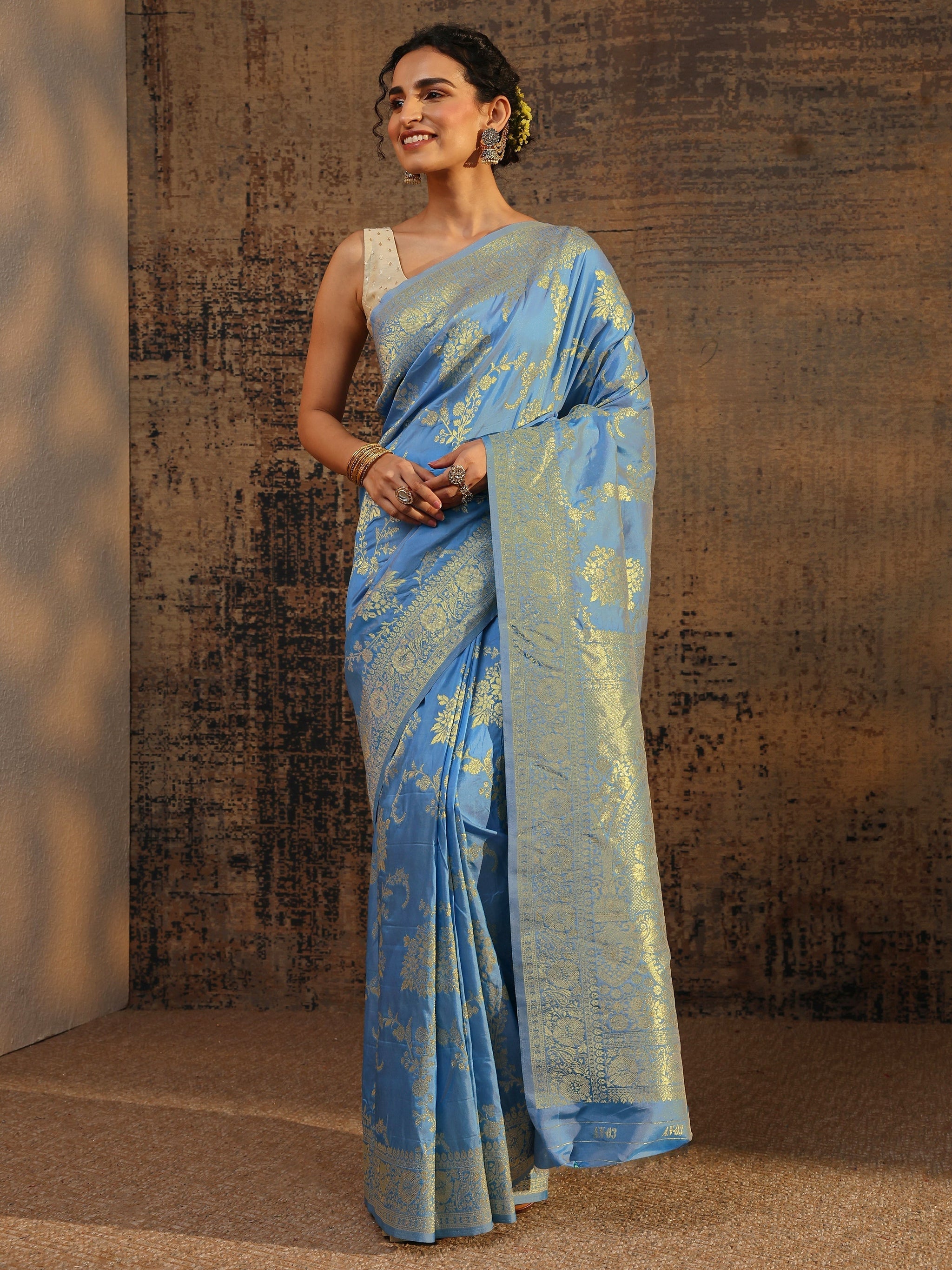 Libas Blue Floral Woven Design Silk Blend Saree With Unstitched Blouse Piece