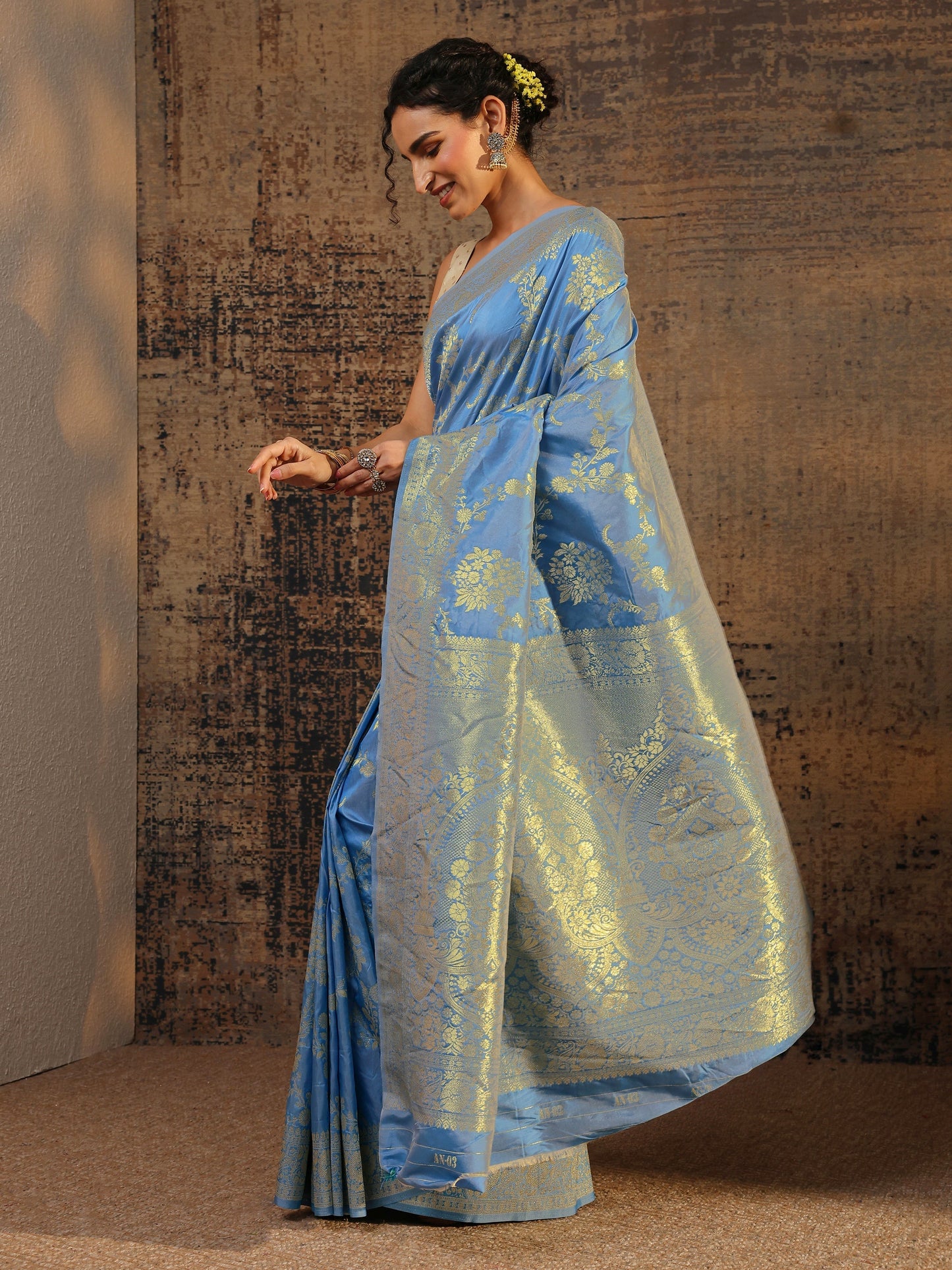 Libas Blue Floral Woven Design Silk Blend Saree With Unstitched Blouse Piece