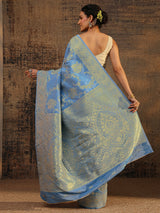 Libas Blue Floral Woven Design Silk Blend Saree With Unstitched Blouse Piece