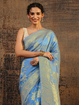 Libas Blue Floral Woven Design Silk Blend Saree With Unstitched Blouse Piece