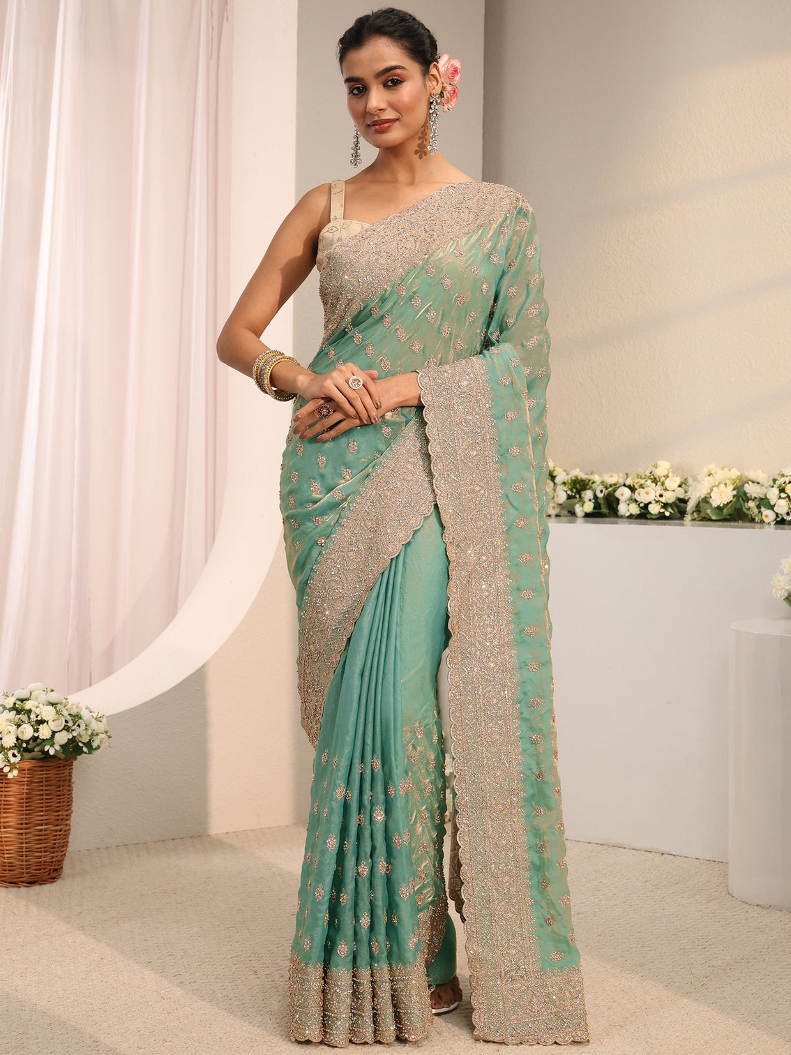 Mameraa Art Sea Green Embellished Tissue Saree With Unstitched Blouse Piece