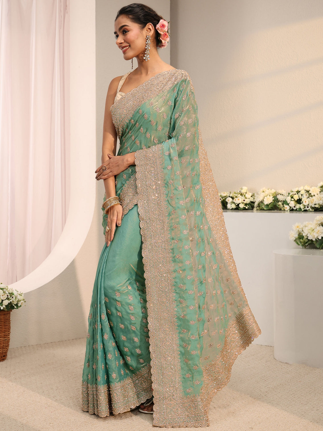 Mameraa Art Sea Green Embellished Tissue Saree With Unstitched Blouse Piece