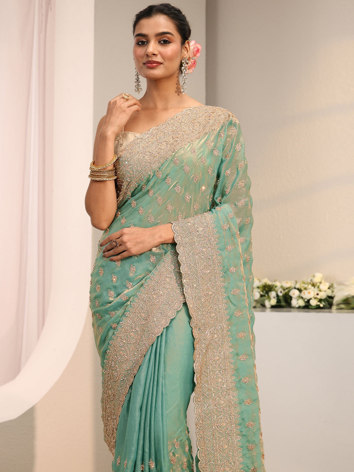 Mameraa Art Sea Green Embellished Tissue Saree With Unstitched Blouse Piece