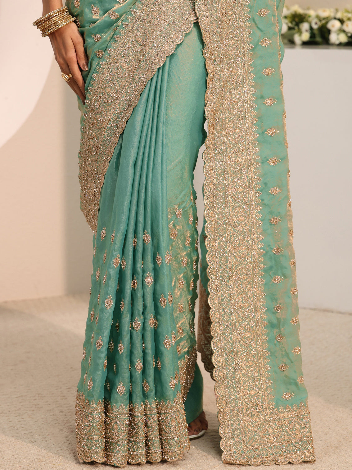 Mameraa Art Sea Green Embellished Tissue Saree With Unstitched Blouse Piece