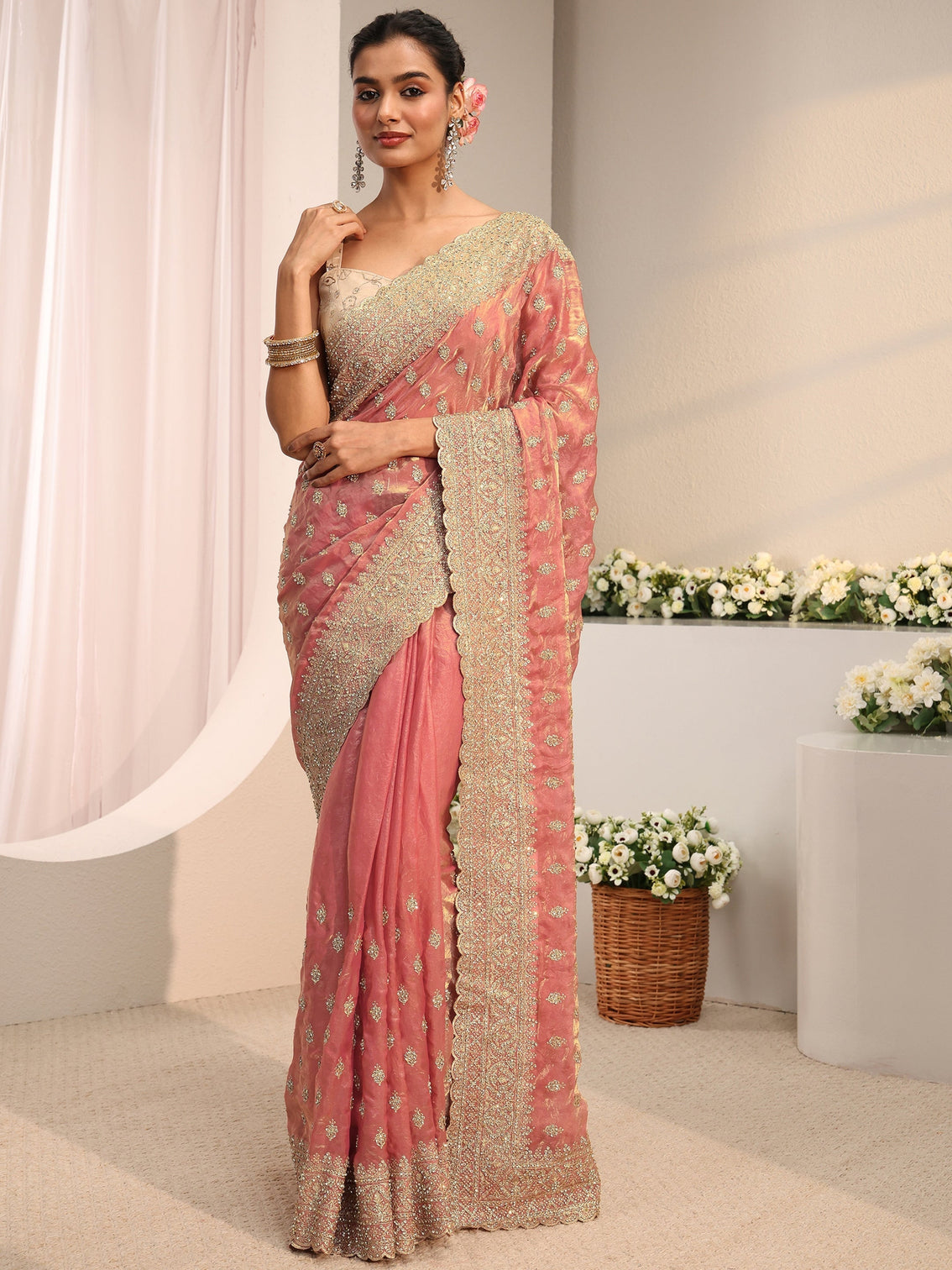 Mameraa Art Peach Embellished Tissue Saree With Unstitched Blouse Piece
