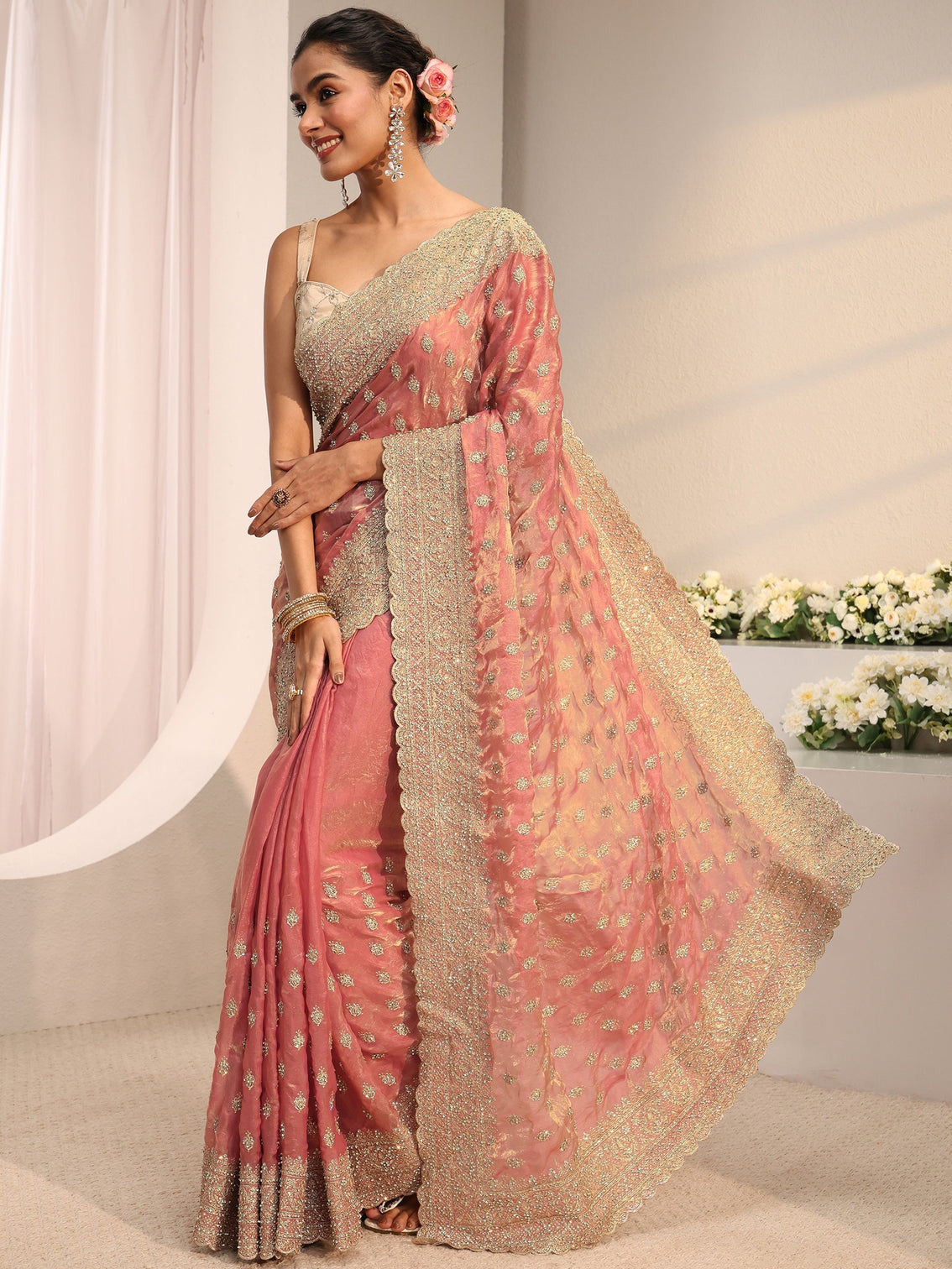 Mameraa Art Peach Embellished Tissue Saree With Unstitched Blouse Piece
