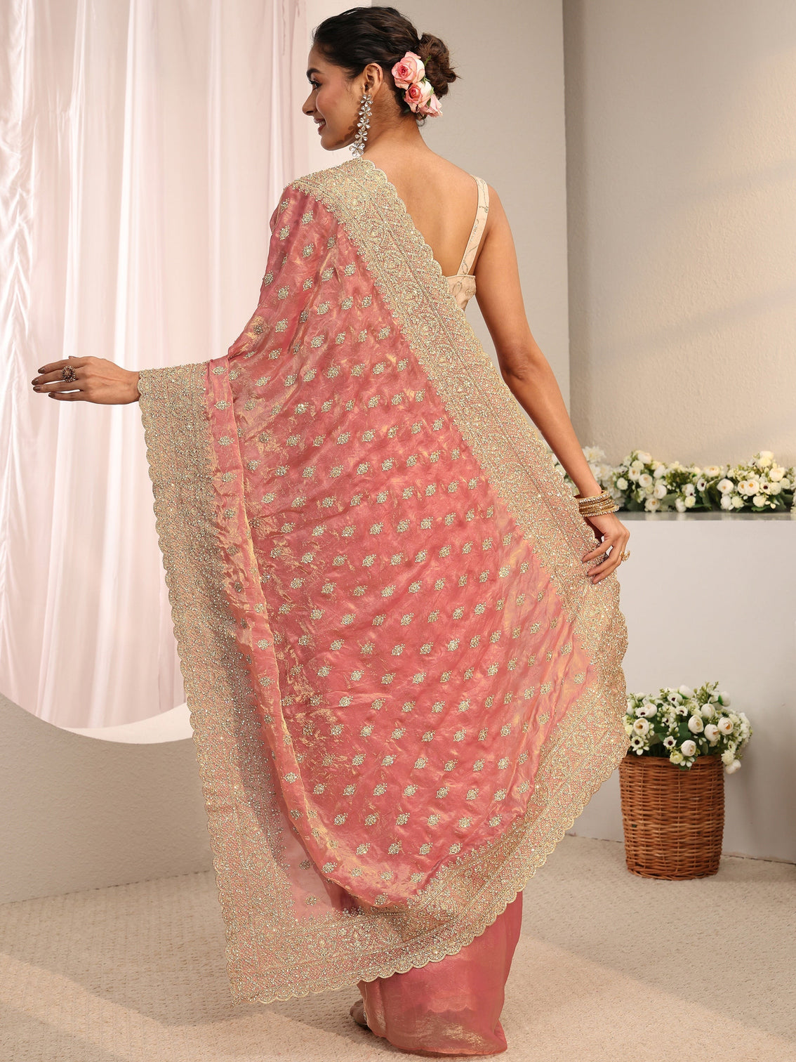 Mameraa Art Peach Embellished Tissue Saree With Unstitched Blouse Piece