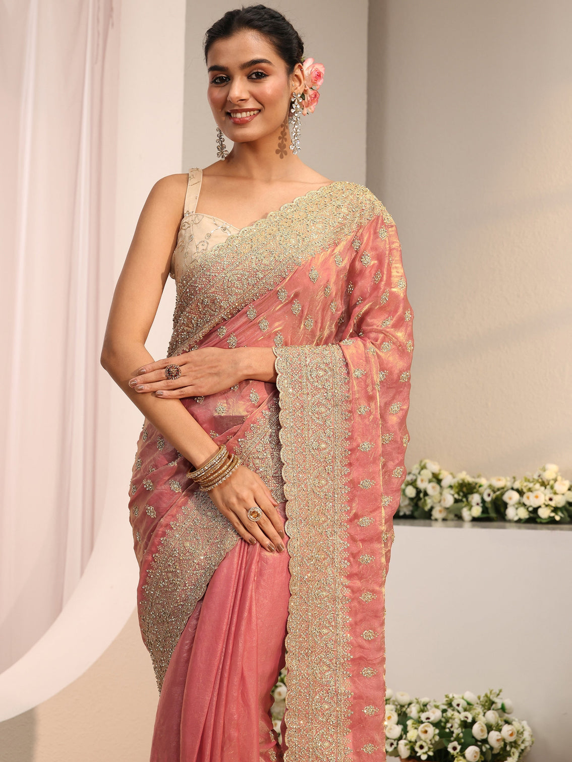 Mameraa Art Peach Embellished Tissue Saree With Unstitched Blouse Piece