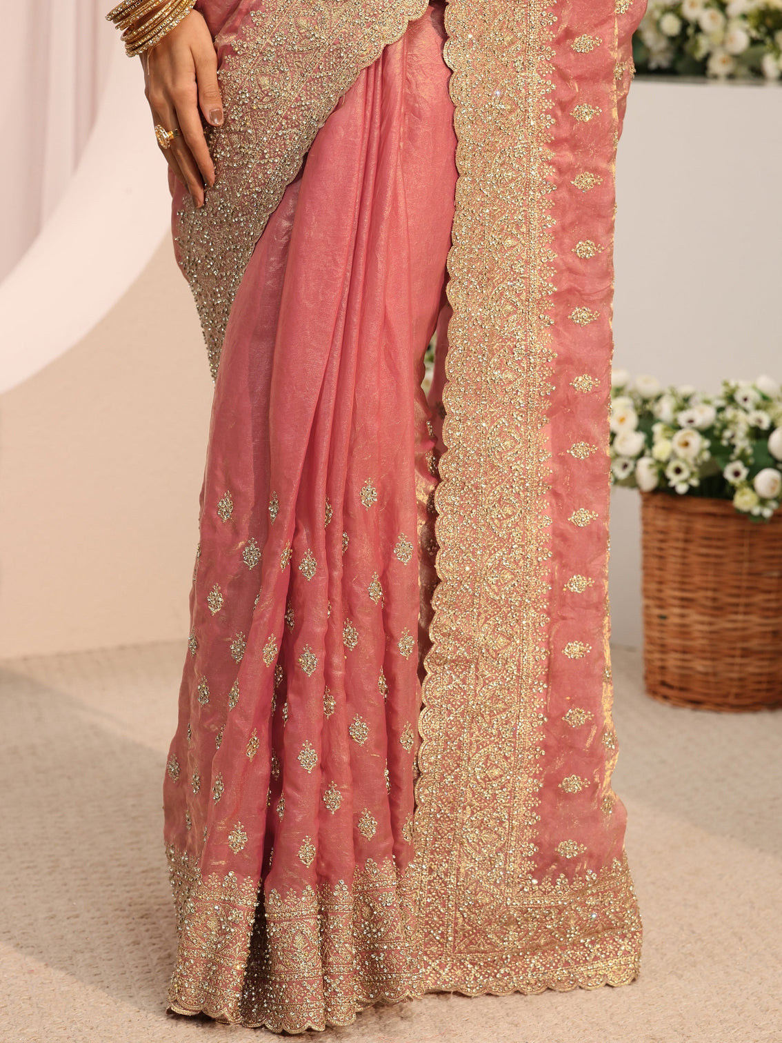 Mameraa Art Peach Embellished Tissue Saree With Unstitched Blouse Piece