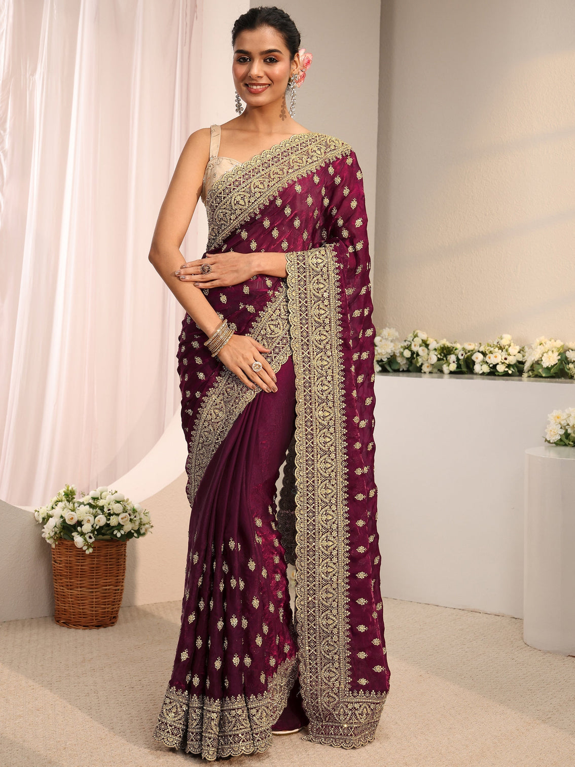 Mameraa Art Maroon Embellished Tissue Saree With Unstitched Blouse Piece