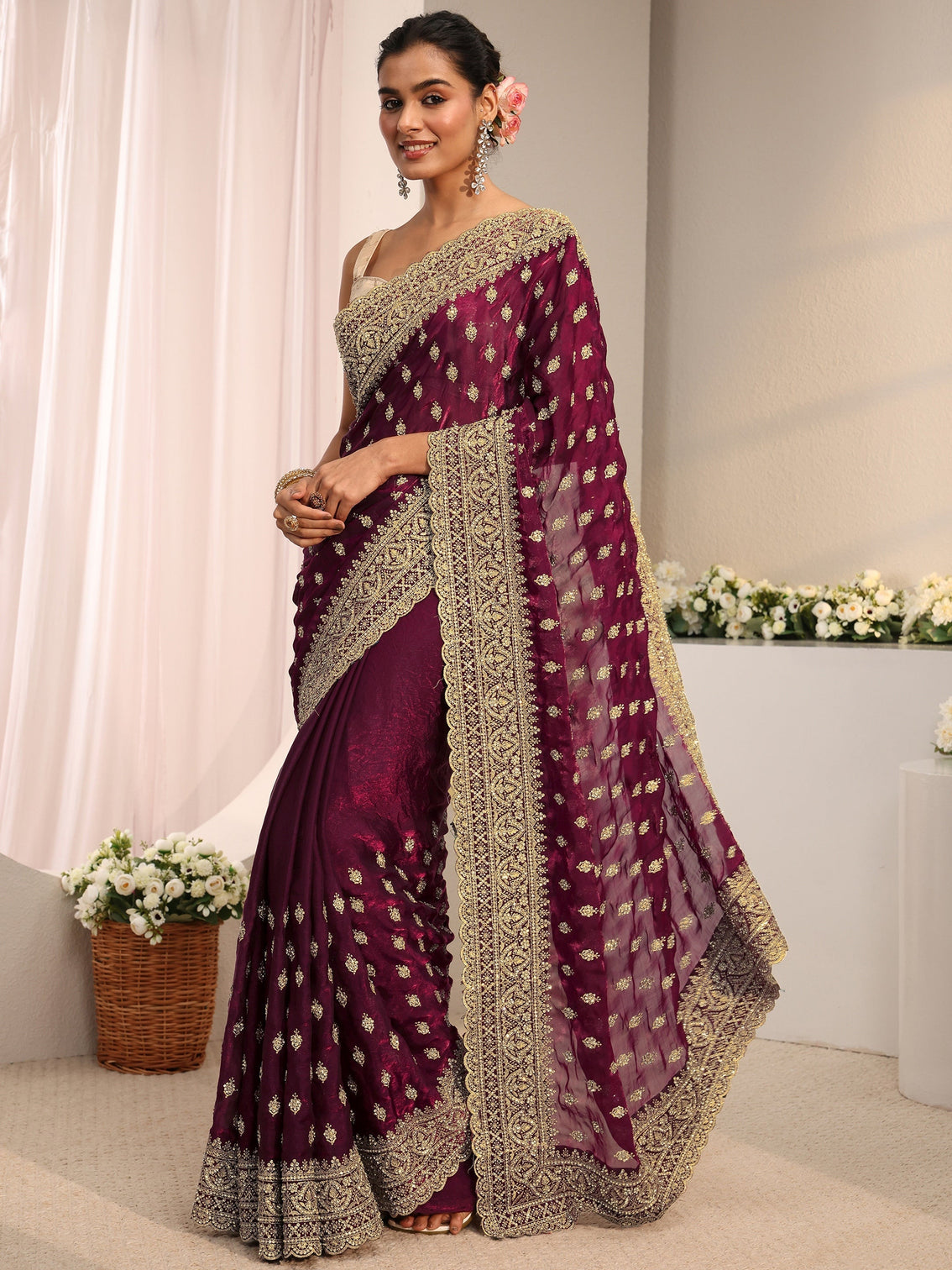 Mameraa Art Maroon Embellished Tissue Saree With Unstitched Blouse Piece