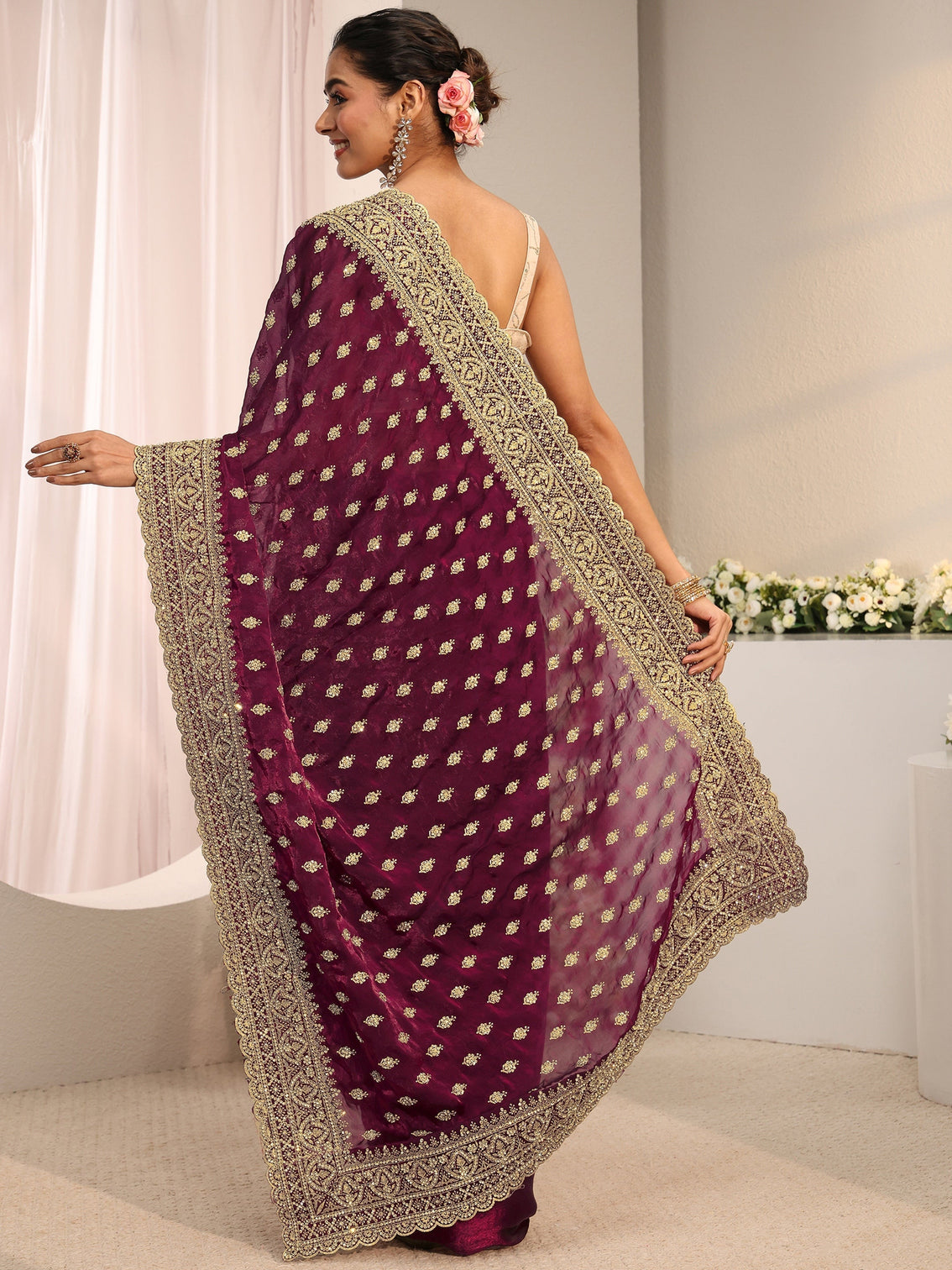 Mameraa Art Maroon Embellished Tissue Saree With Unstitched Blouse Piece
