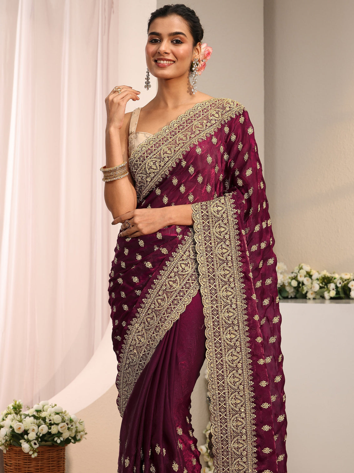 Mameraa Art Maroon Embellished Tissue Saree With Unstitched Blouse Piece
