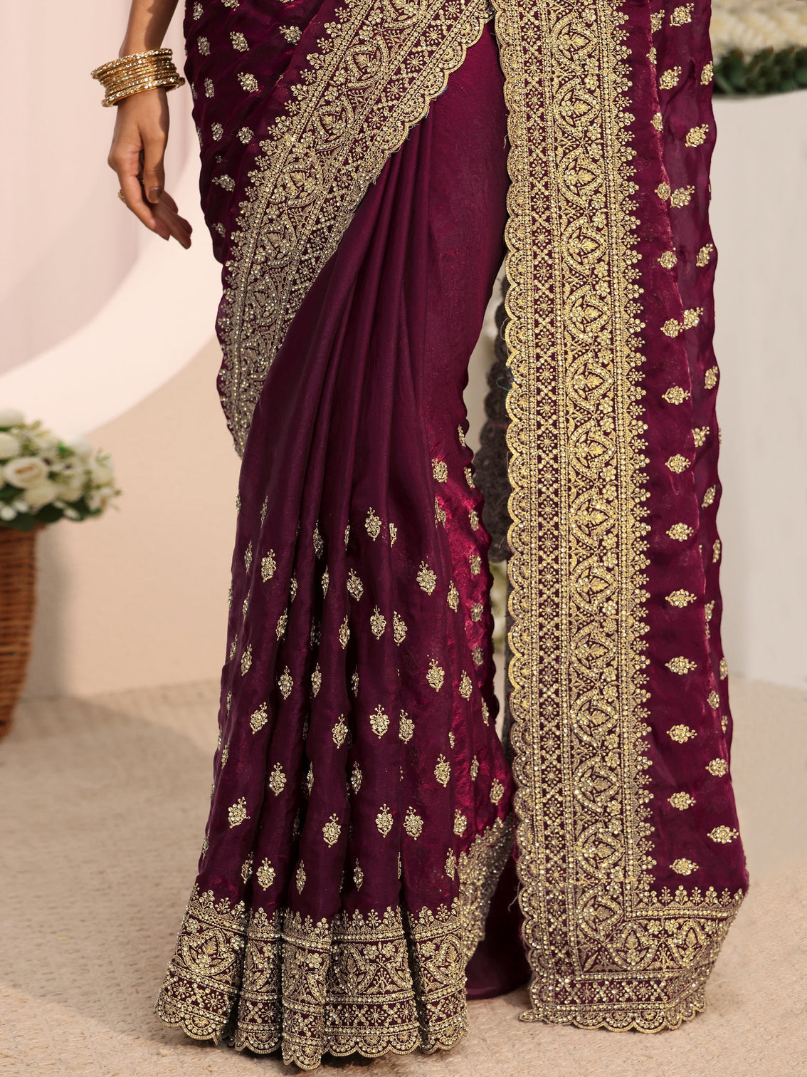 Mameraa Art Maroon Embellished Tissue Saree With Unstitched Blouse Piece