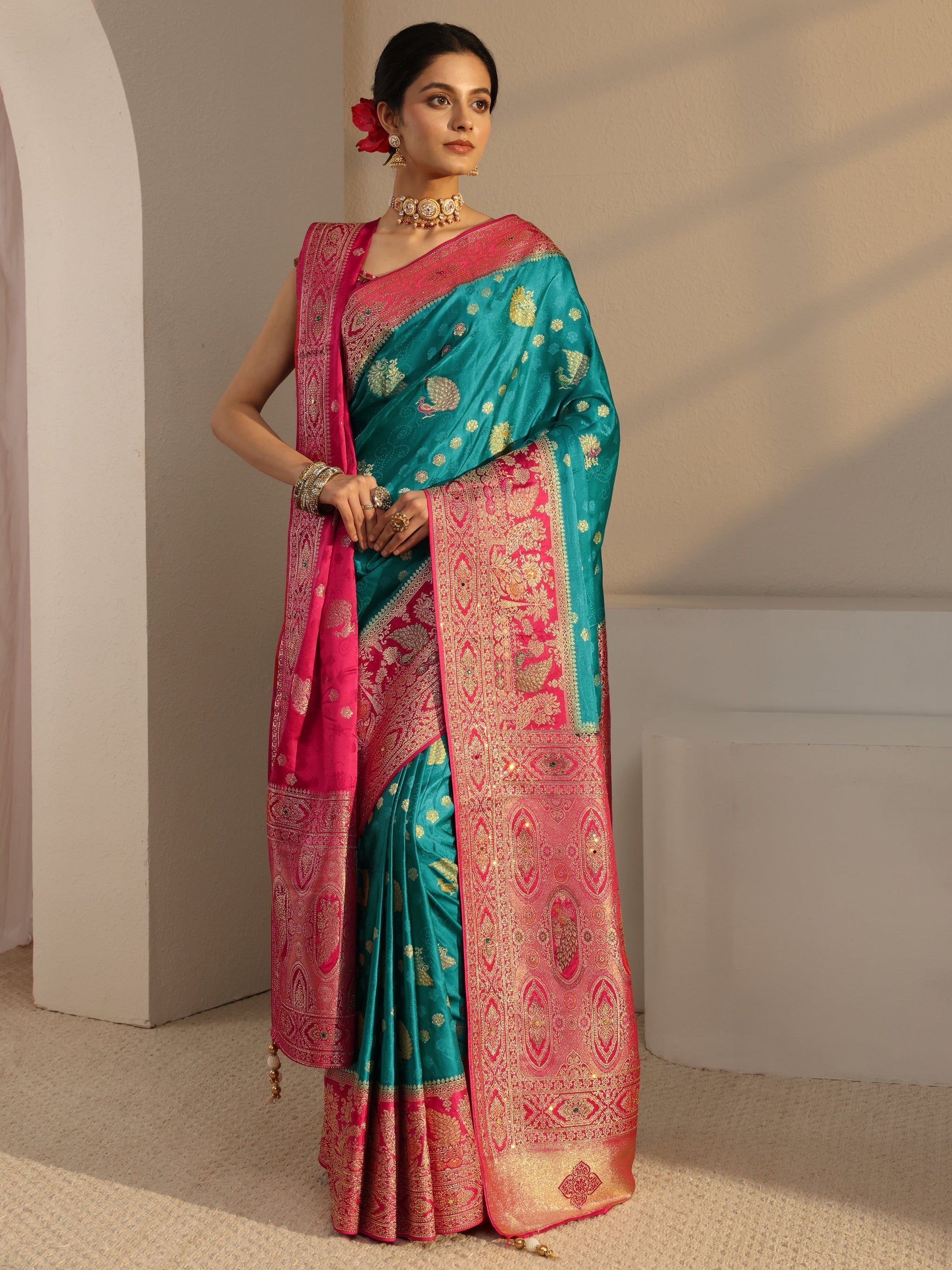 Libas Art Green Banarasi Satin Sareewith Unstiched Blouse Piece And Dupatta