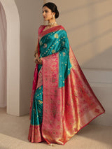 Libas Art Green Banarasi Satin Sareewith Unstiched Blouse Piece And Dupatta
