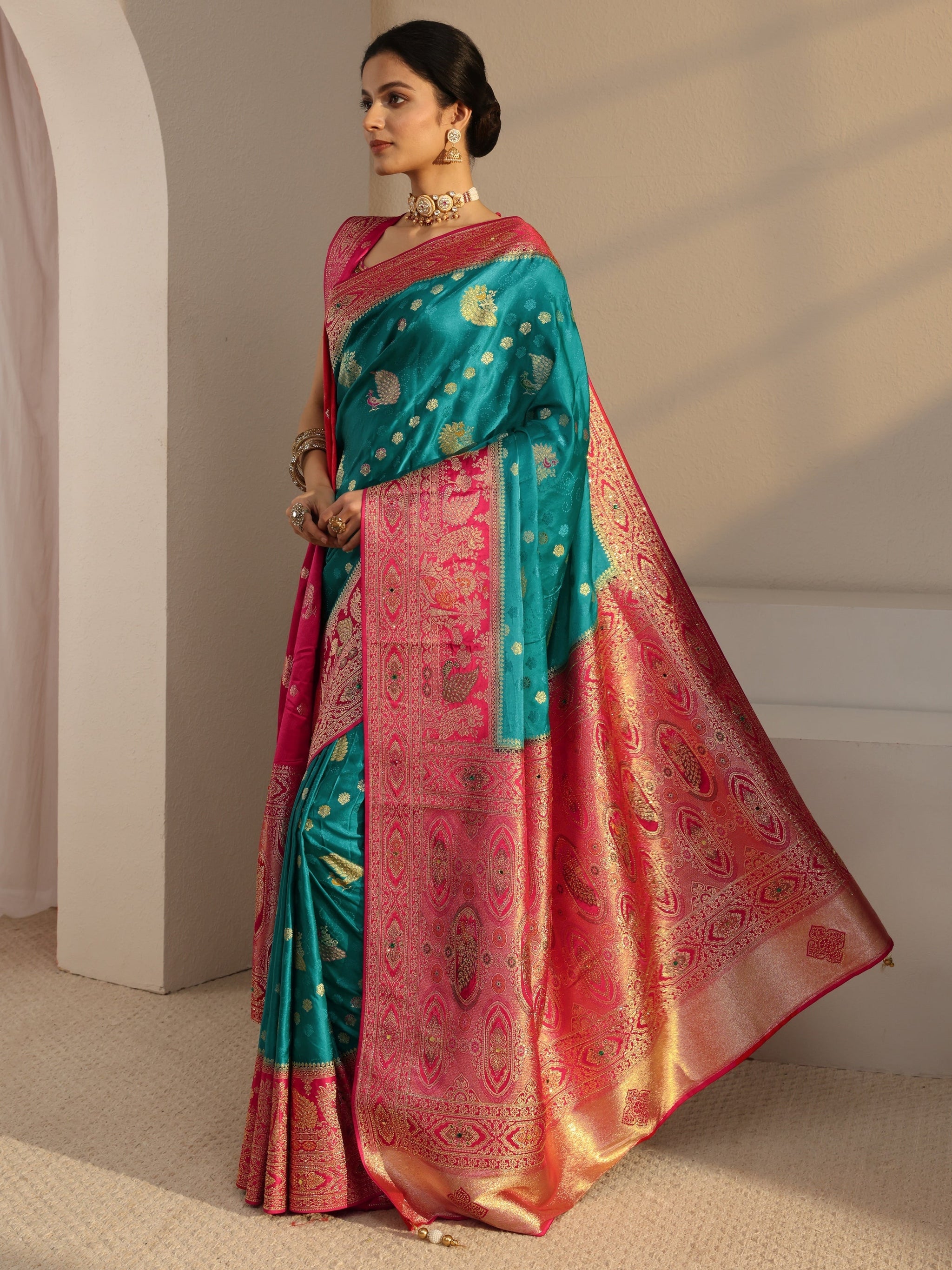 Libas Art Green Banarasi Satin Sareewith Unstiched Blouse Piece And Dupatta