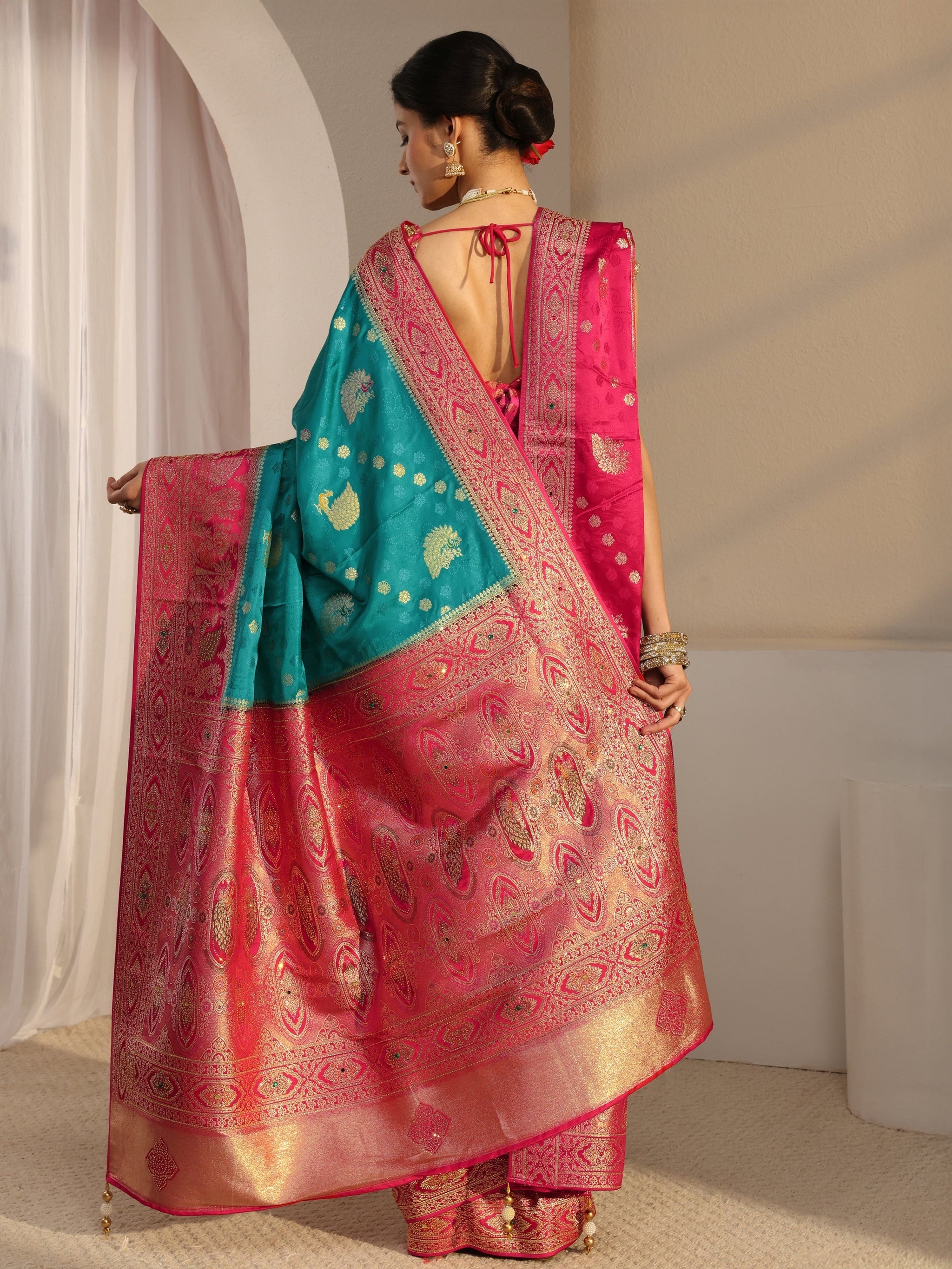 Libas Art Green Banarasi Satin Sareewith Unstiched Blouse Piece And Dupatta