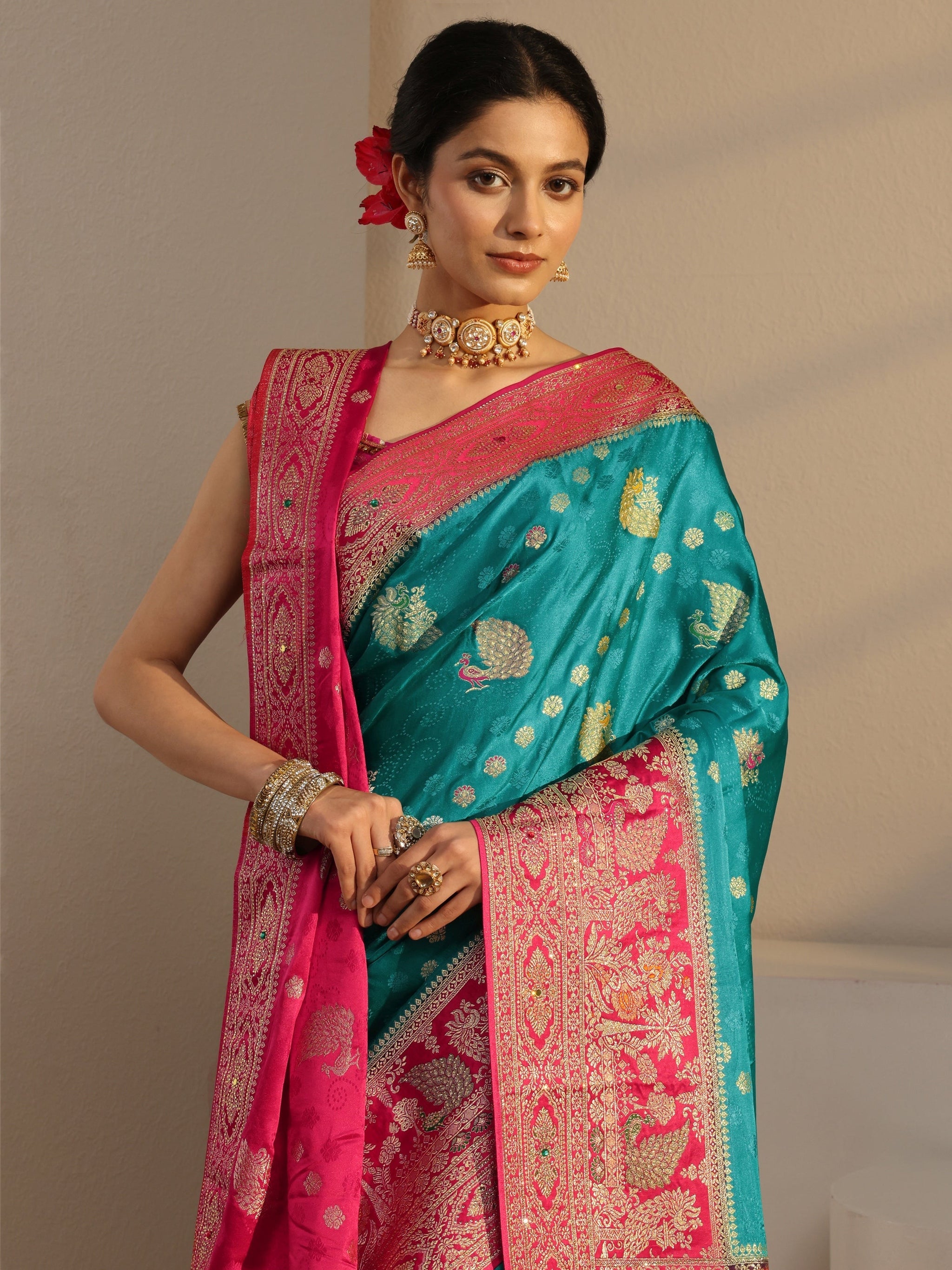 Libas Art Green Banarasi Satin Sareewith Unstiched Blouse Piece And Dupatta