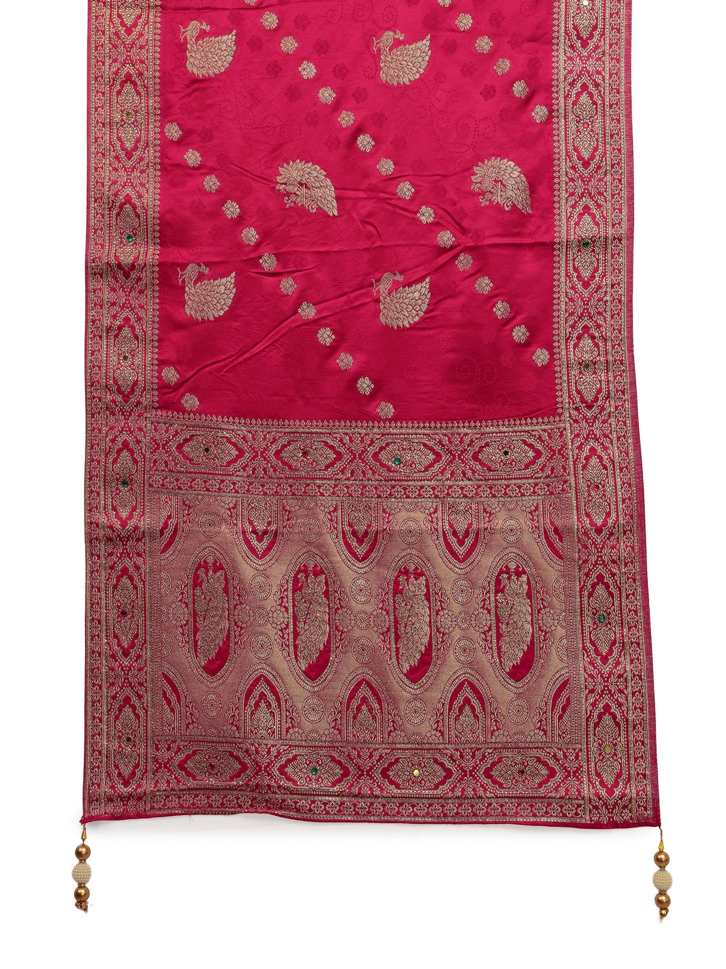 Libas Art Green Banarasi Satin Sareewith Unstiched Blouse Piece And Dupatta
