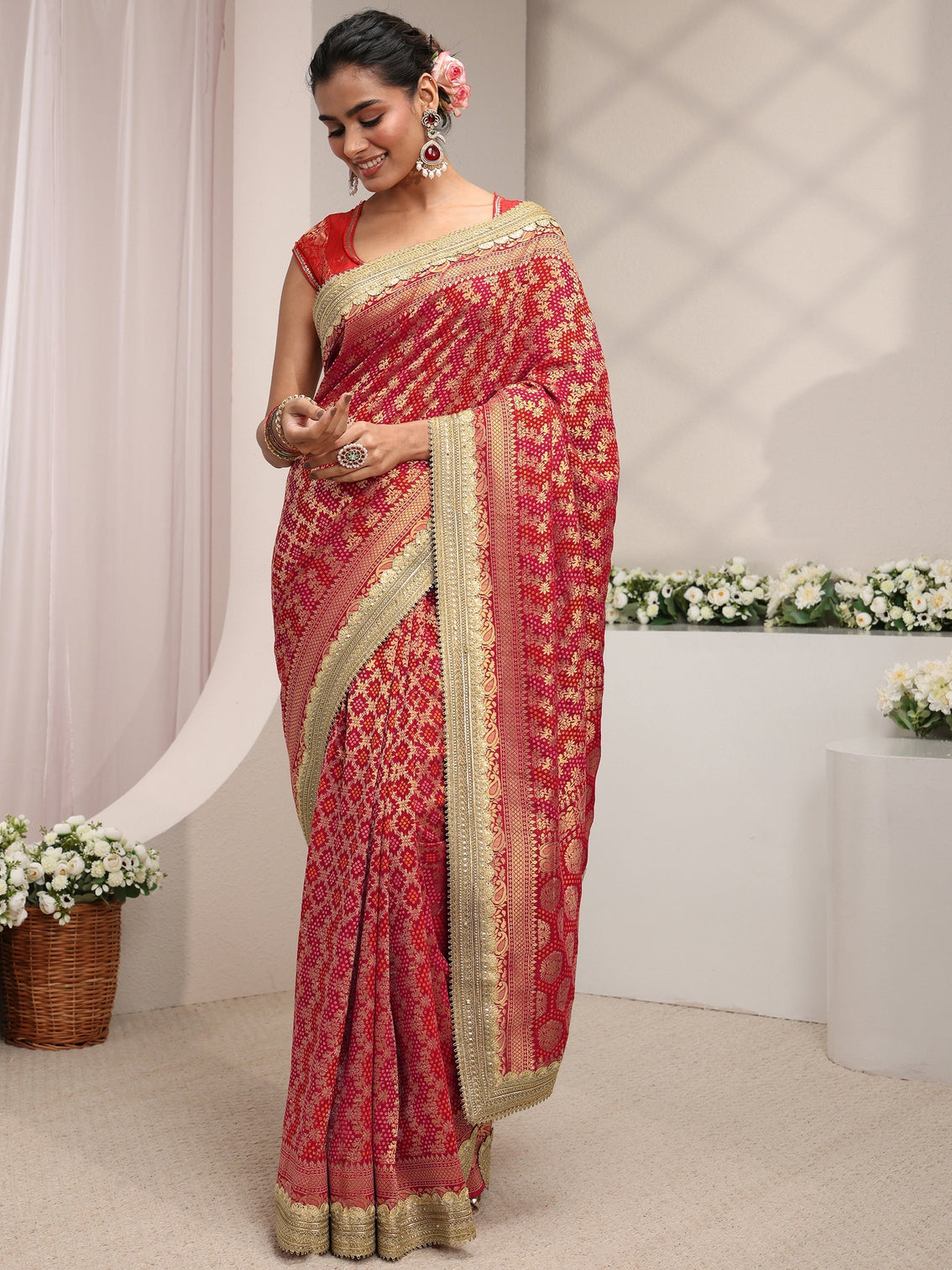 Mameraa Art Red Woven Design Satin Saree With Unstitched Blouse Piece