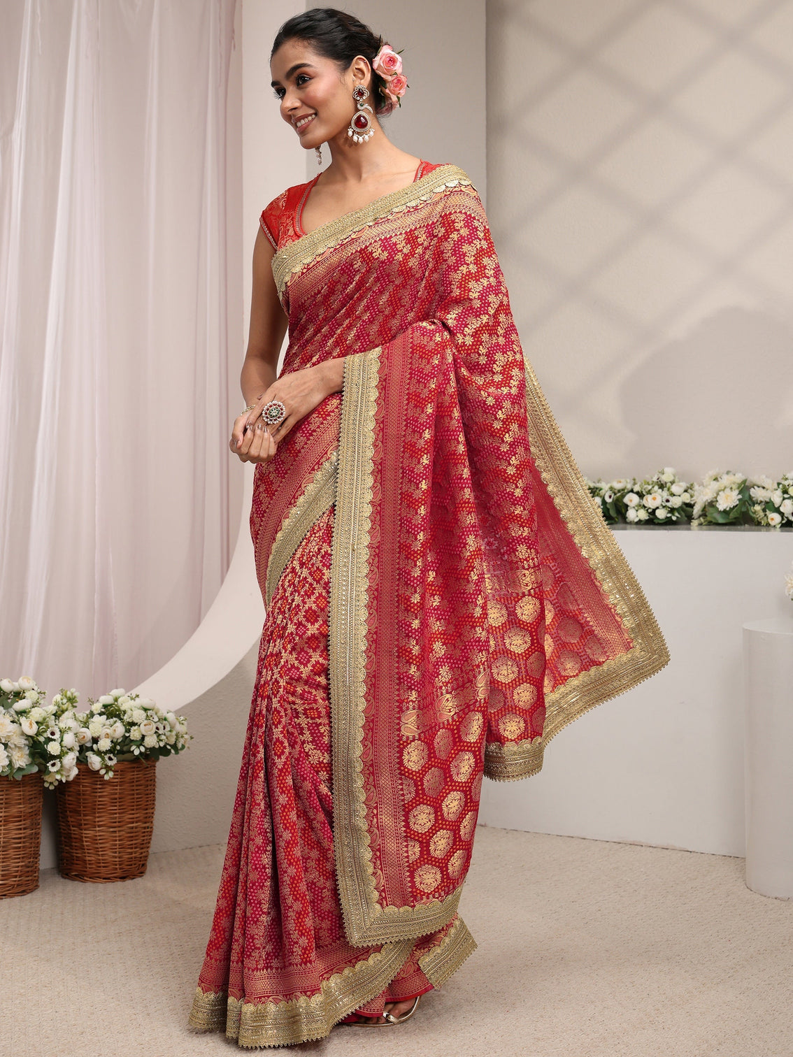 Mameraa Art Red Woven Design Satin Saree With Unstitched Blouse Piece