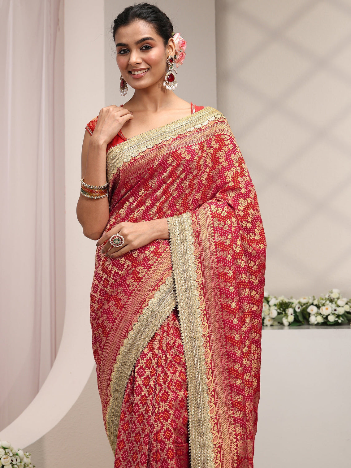 Mameraa Art Red Woven Design Satin Saree With Unstitched Blouse Piece