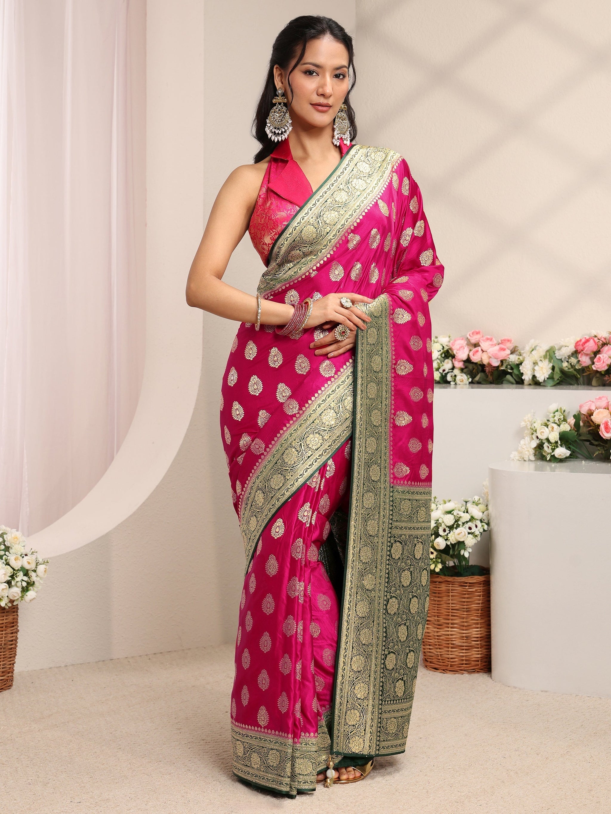 Libas Art Pink Ethnic Woven Design Satin Saree With Unstitched Blouse Piece