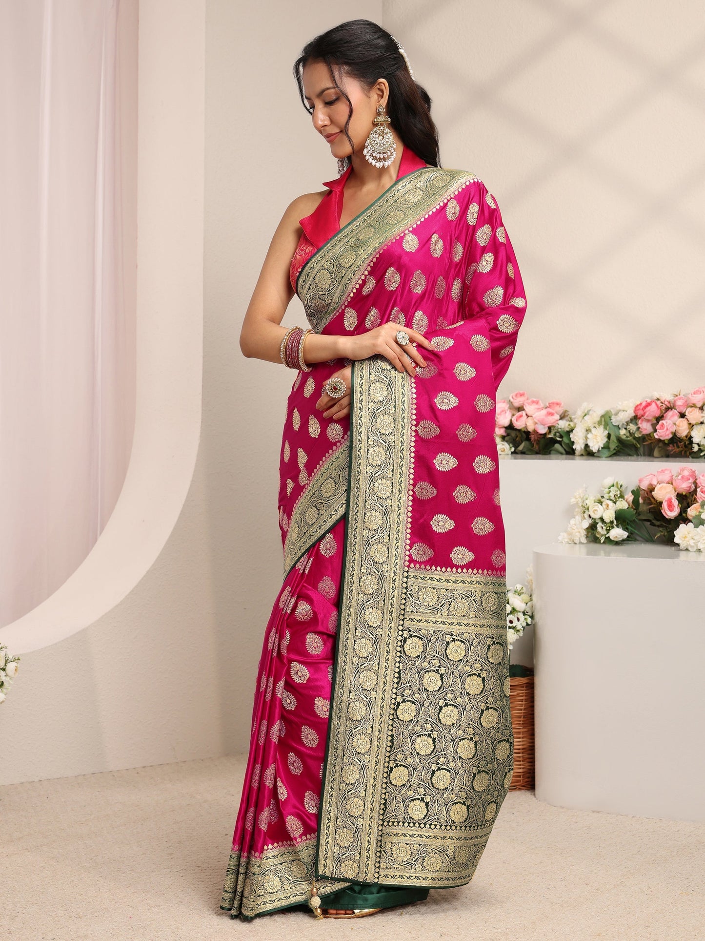 Libas Art Pink Ethnic Woven Design Satin Saree With Unstitched Blouse Piece