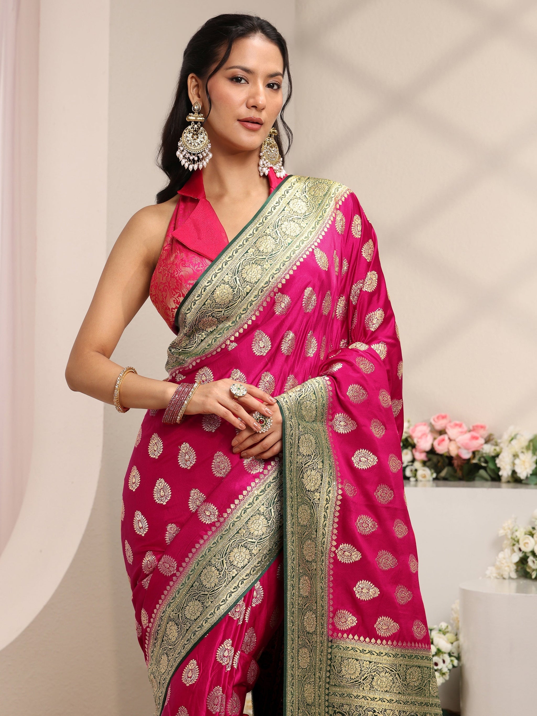 Libas Art Pink Ethnic Woven Design Satin Saree With Unstitched Blouse Piece