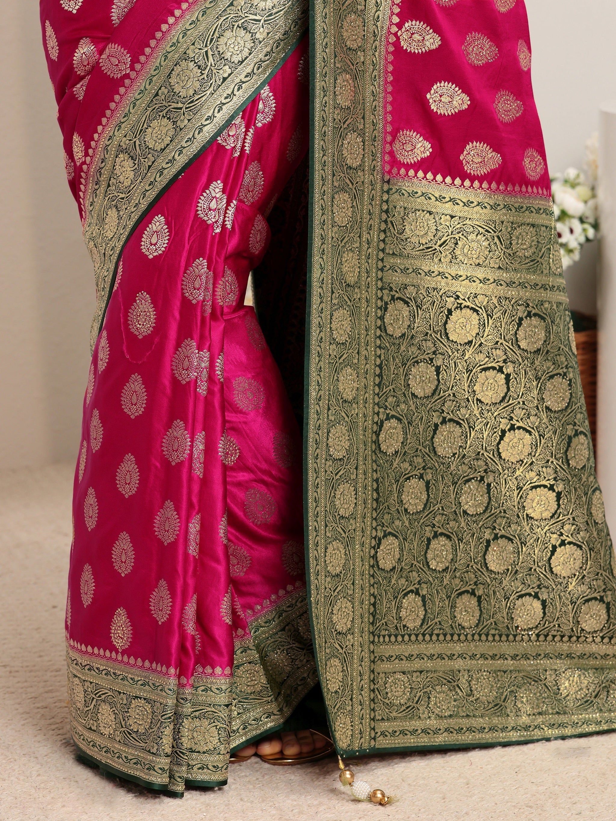 Libas Art Pink Ethnic Woven Design Satin Saree With Unstitched Blouse Piece