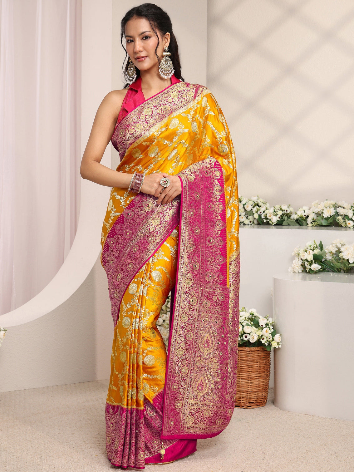 Mameraa Art Mustard Floral Woven Design Satin Saree With Unstitched Blouse Piece