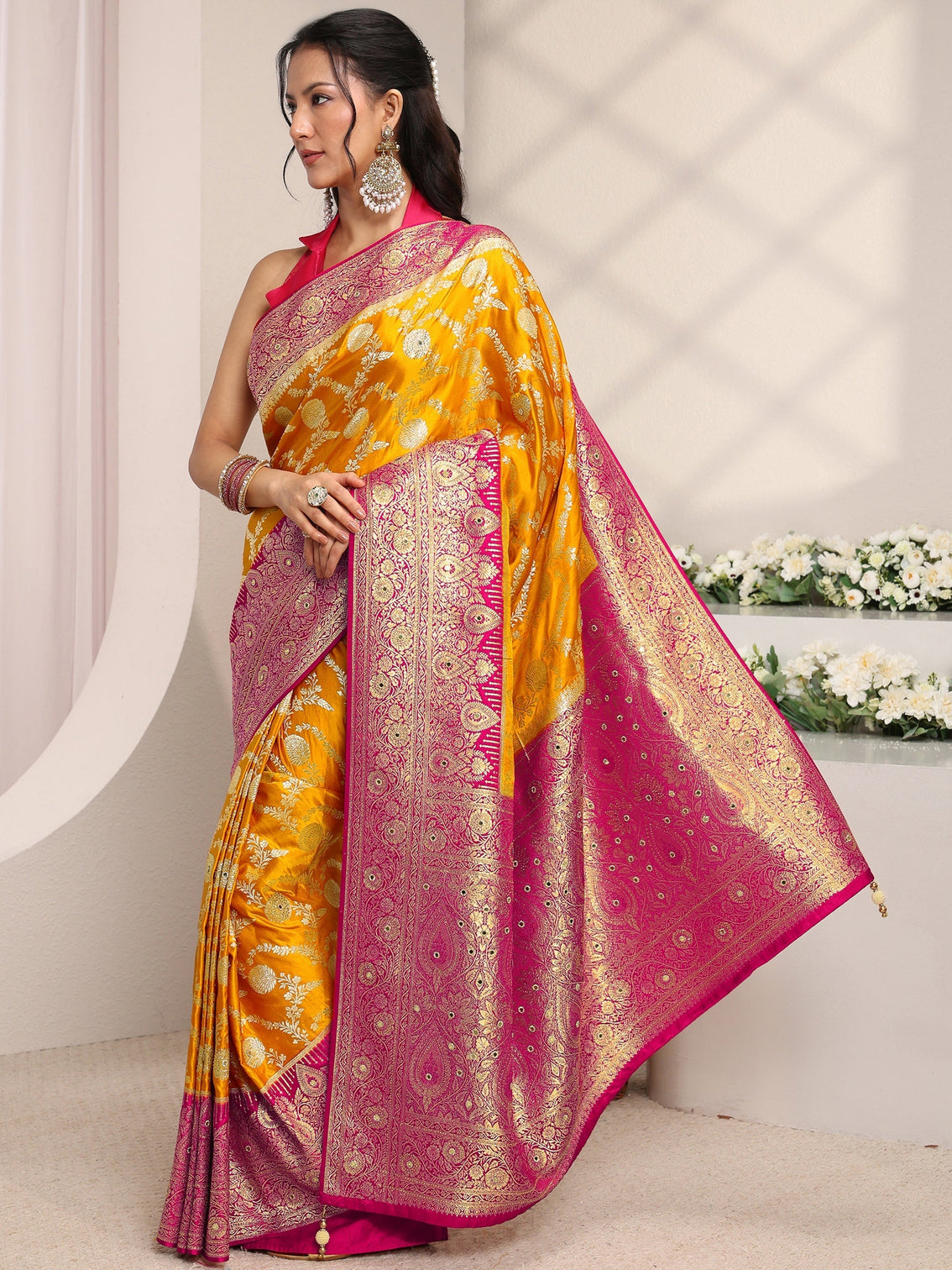 Mameraa Art Mustard Floral Woven Design Satin Saree With Unstitched Blouse Piece
