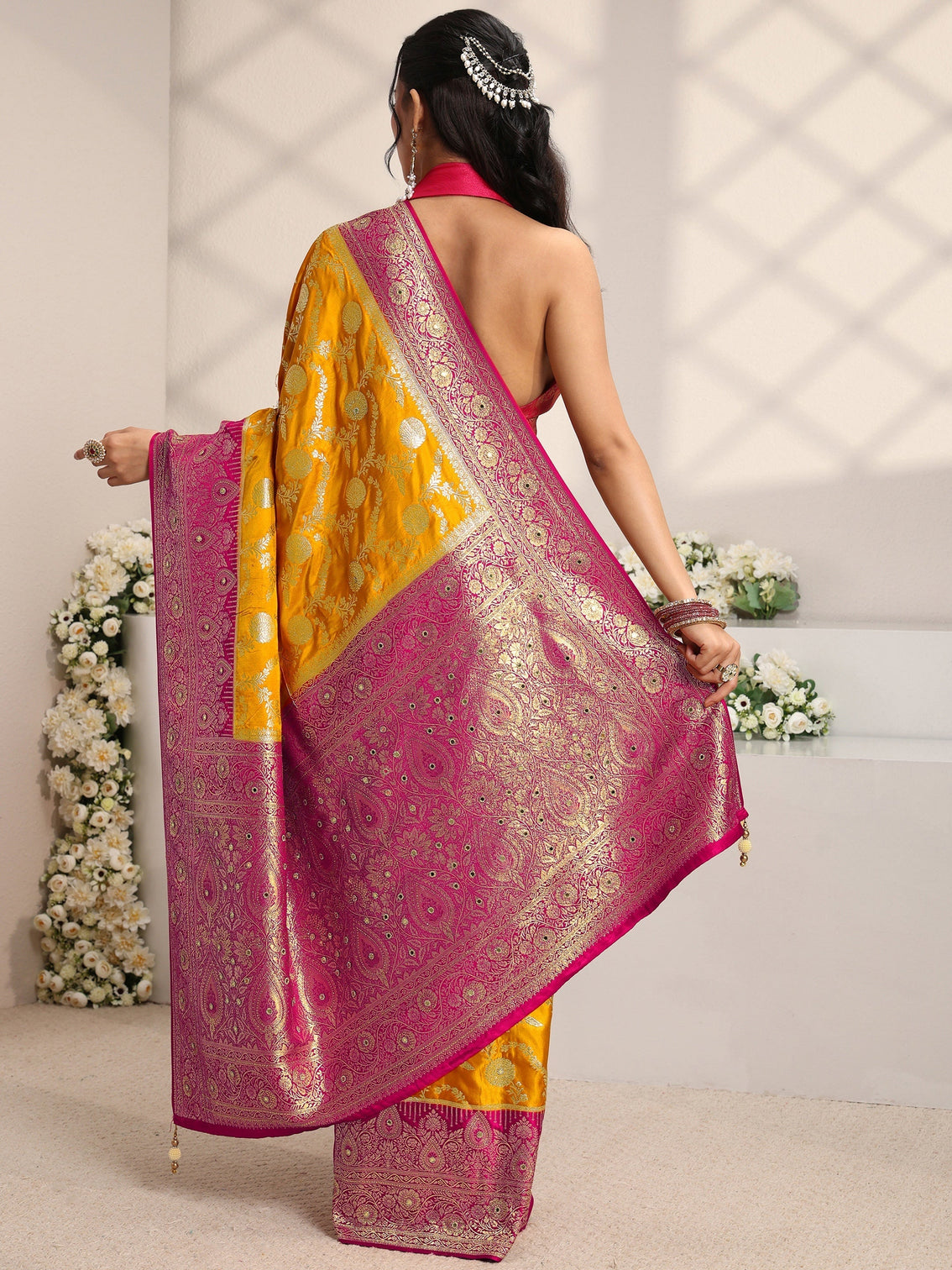 Mameraa Art Mustard Floral Woven Design Satin Saree With Unstitched Blouse Piece