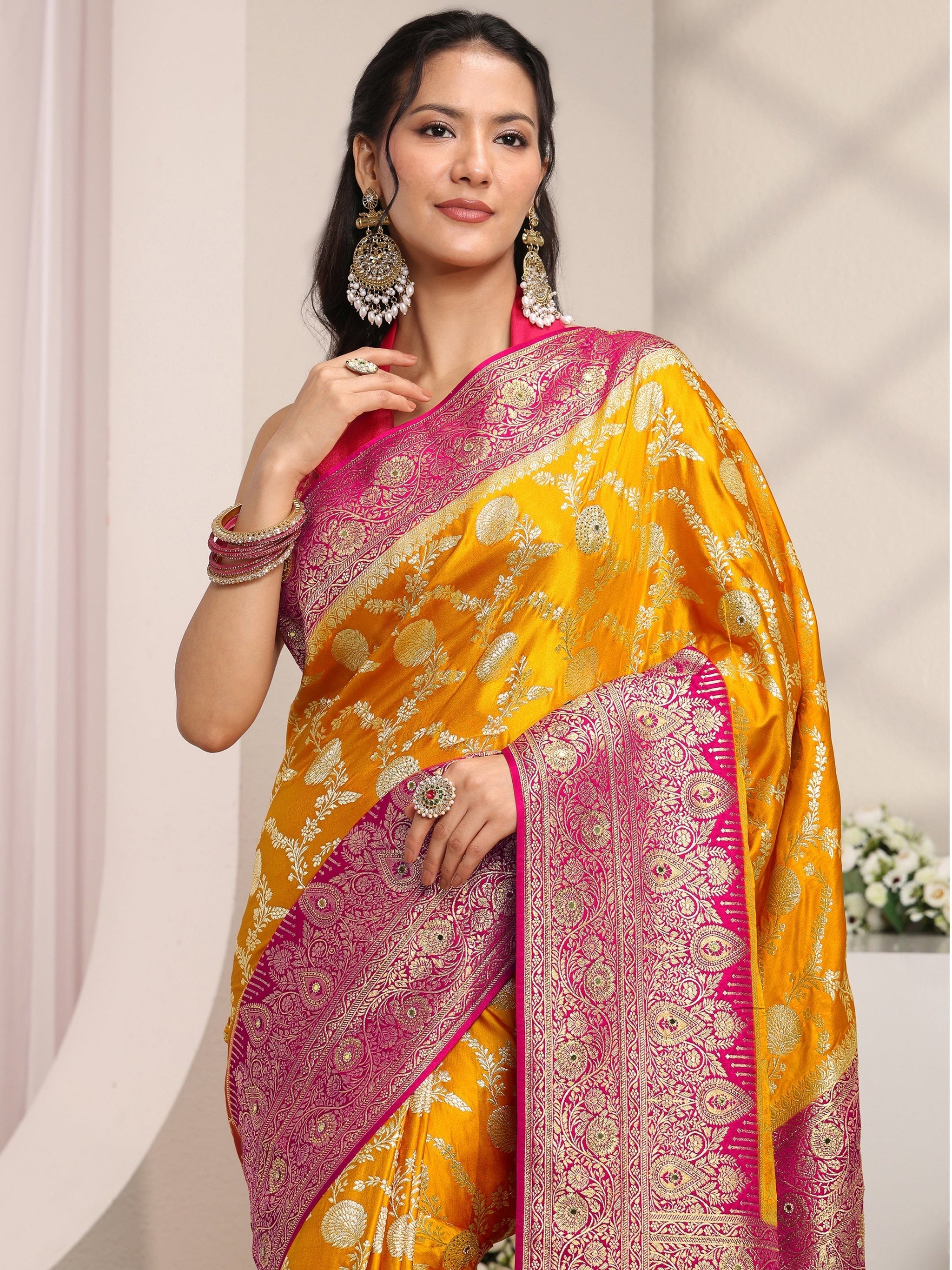 Libas Art Mustard Floral Woven Design Satin Saree With Unstitched Blouse Piece