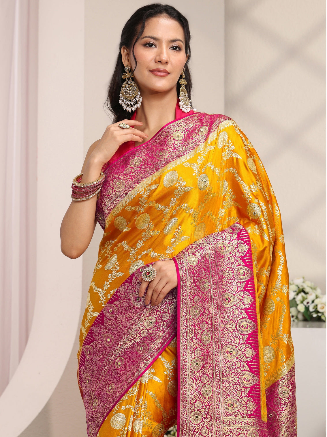 Mameraa Art Mustard Floral Woven Design Satin Saree With Unstitched Blouse Piece