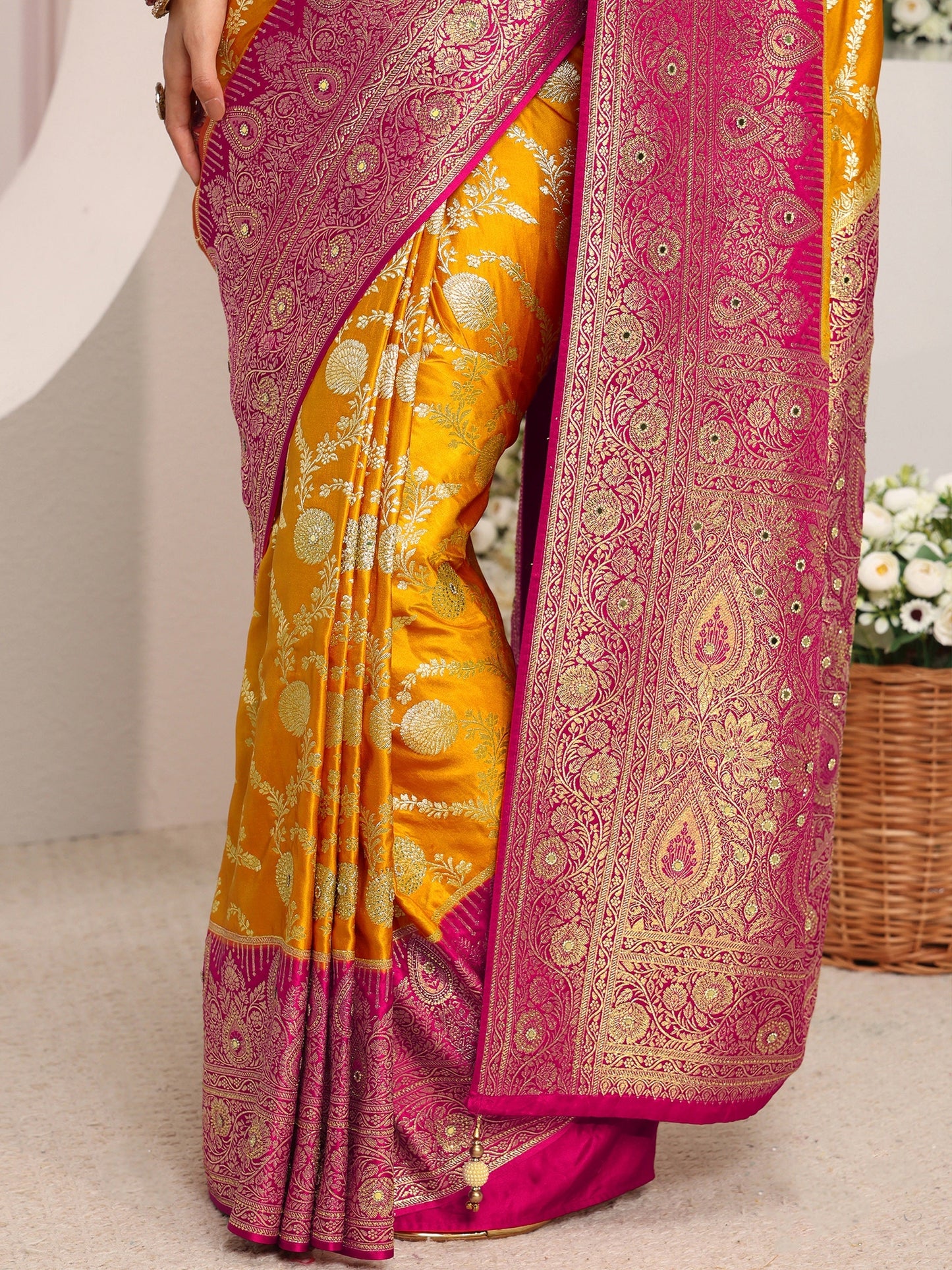 Libas Art Mustard Floral Woven Design Satin Saree With Unstitched Blouse Piece