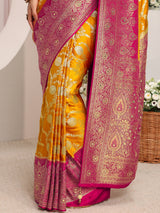 Libas Art Mustard Floral Woven Design Satin Saree With Unstitched Blouse Piece