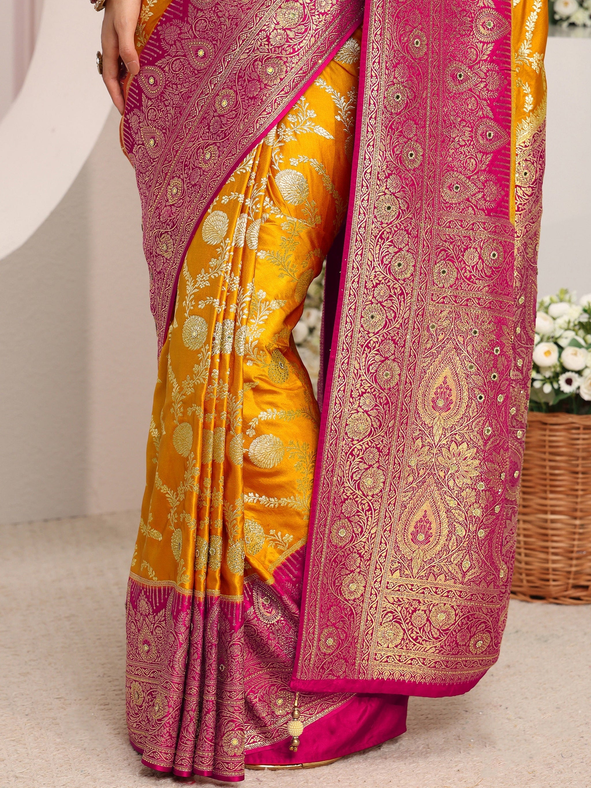 Libas Art Mustard Floral Woven Design Satin Saree With Unstitched Blouse Piece