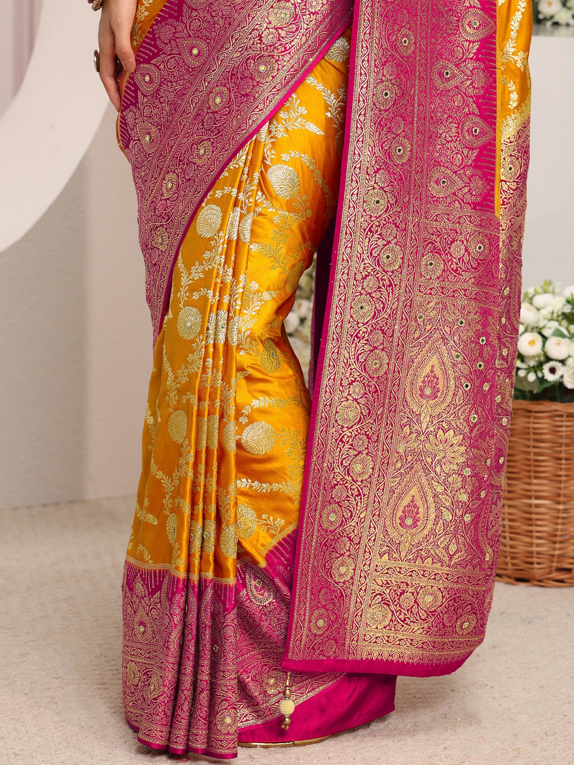 Mameraa Art Mustard Floral Woven Design Satin Saree With Unstitched Blouse Piece