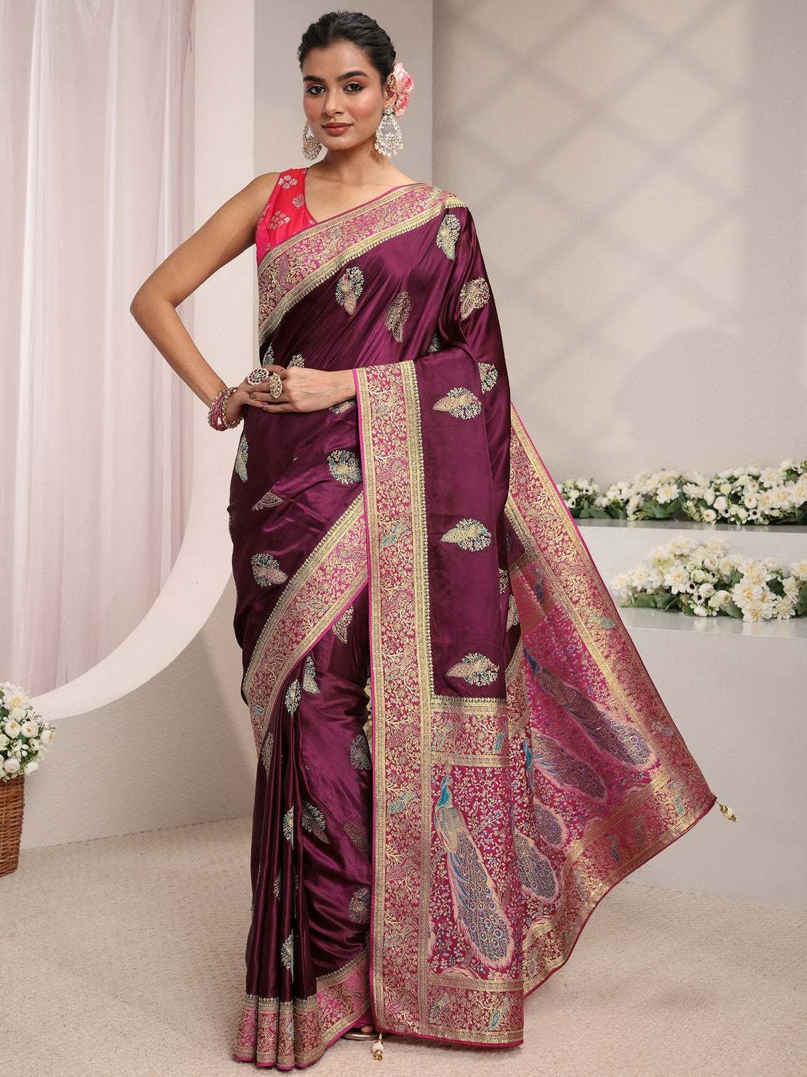 Mameraa Art Burgundy Ethnic Woven Design Satin Saree With Unstitched Blouse Piece