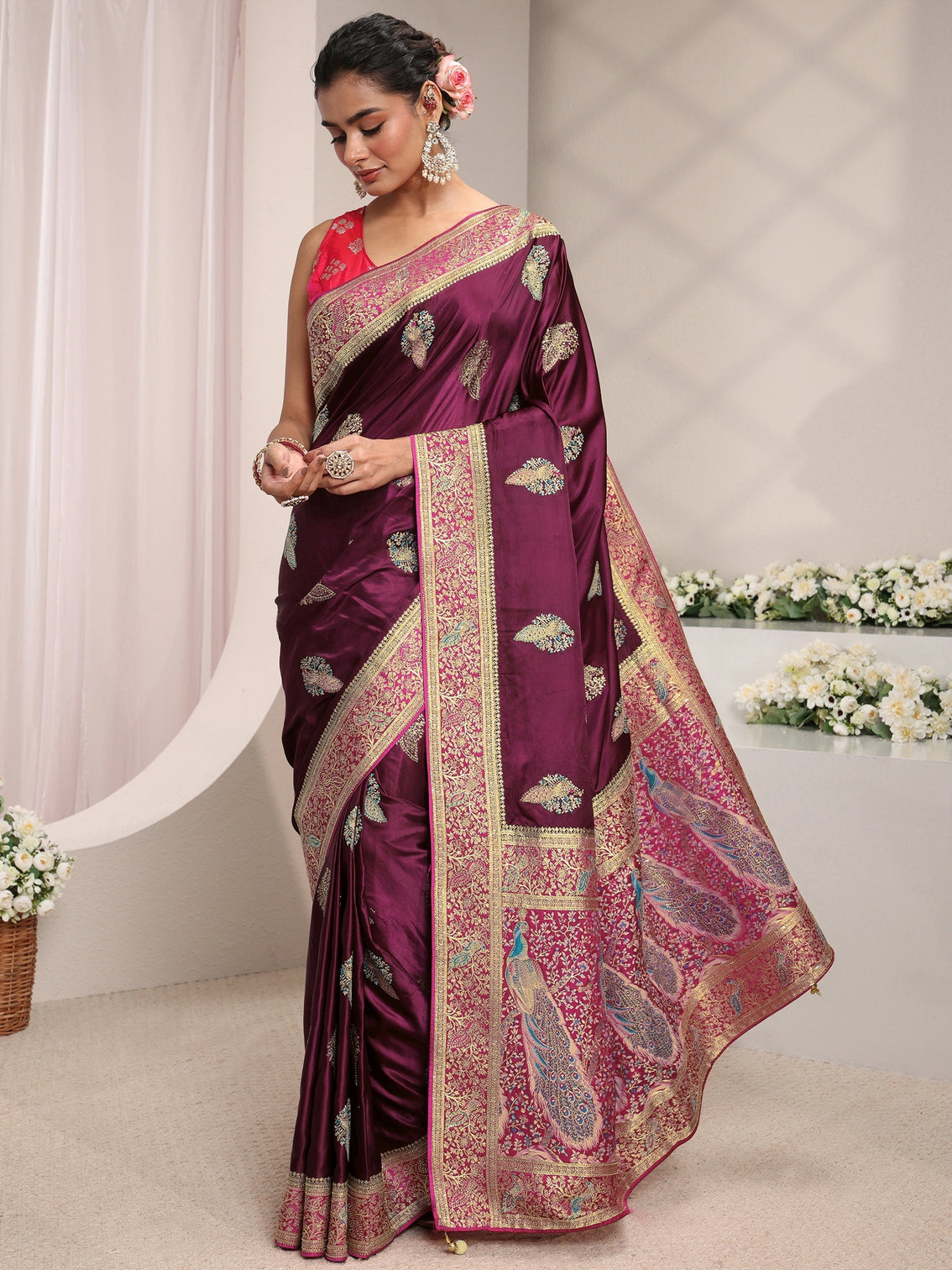 Mameraa Art Burgundy Ethnic Woven Design Satin Saree With Unstitched Blouse Piece