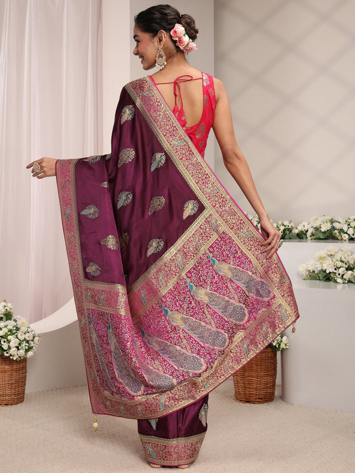 Mameraa Art Burgundy Ethnic Woven Design Satin Saree With Unstitched Blouse Piece