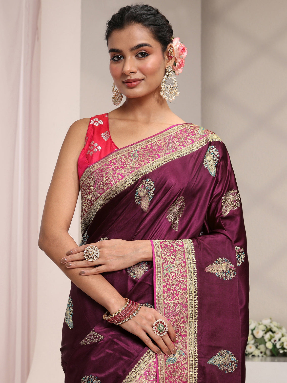 Mameraa Art Burgundy Ethnic Woven Design Satin Saree With Unstitched Blouse Piece