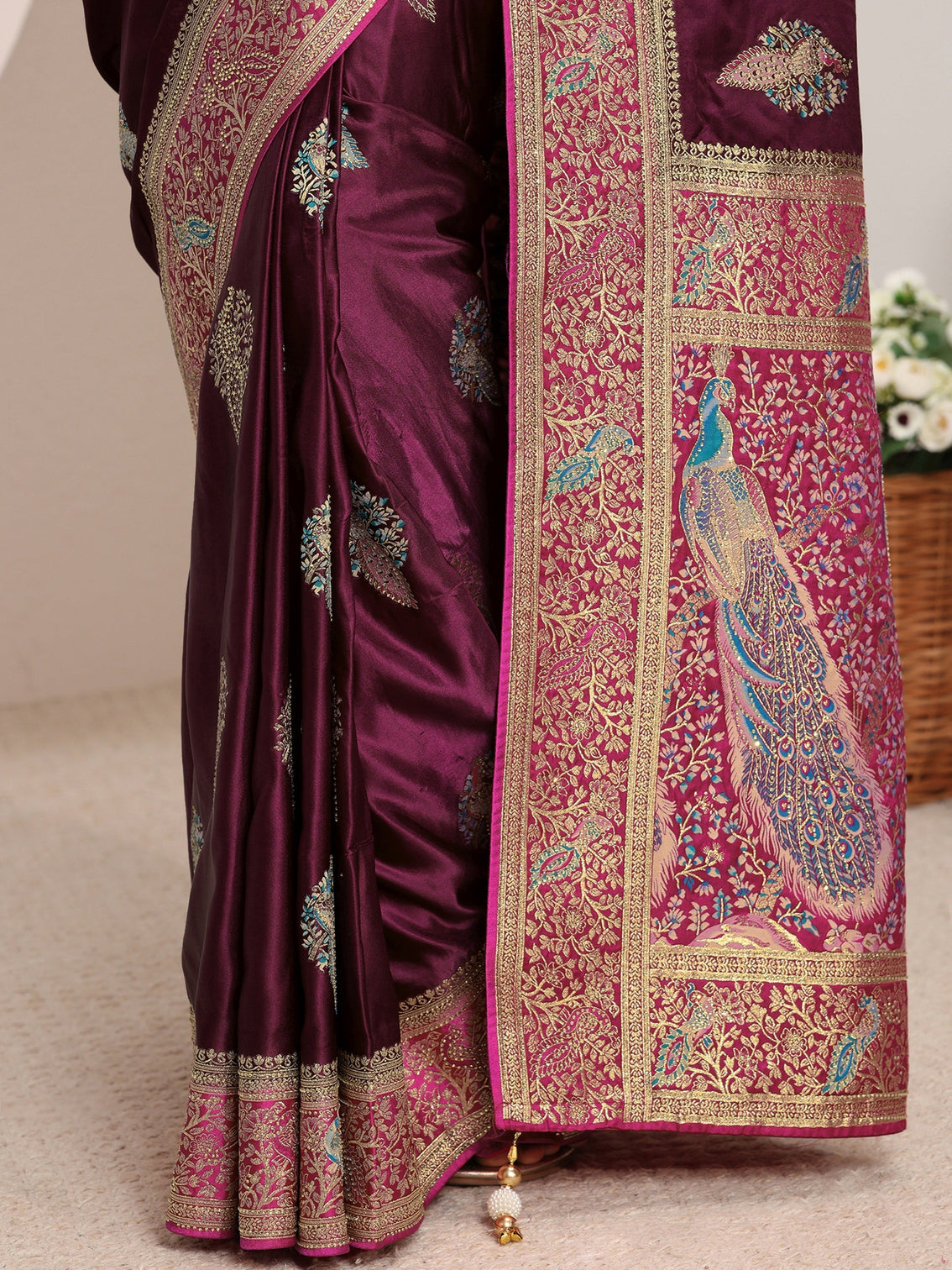 Mameraa Art Burgundy Ethnic Woven Design Satin Saree With Unstitched Blouse Piece