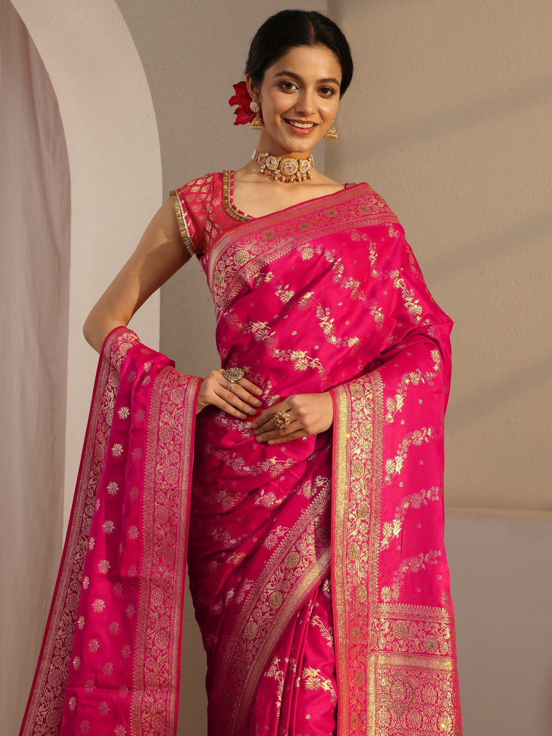 Mameraa Pink Banarasi Satin Saree With Unstiched Blouse Piece And Dupatta